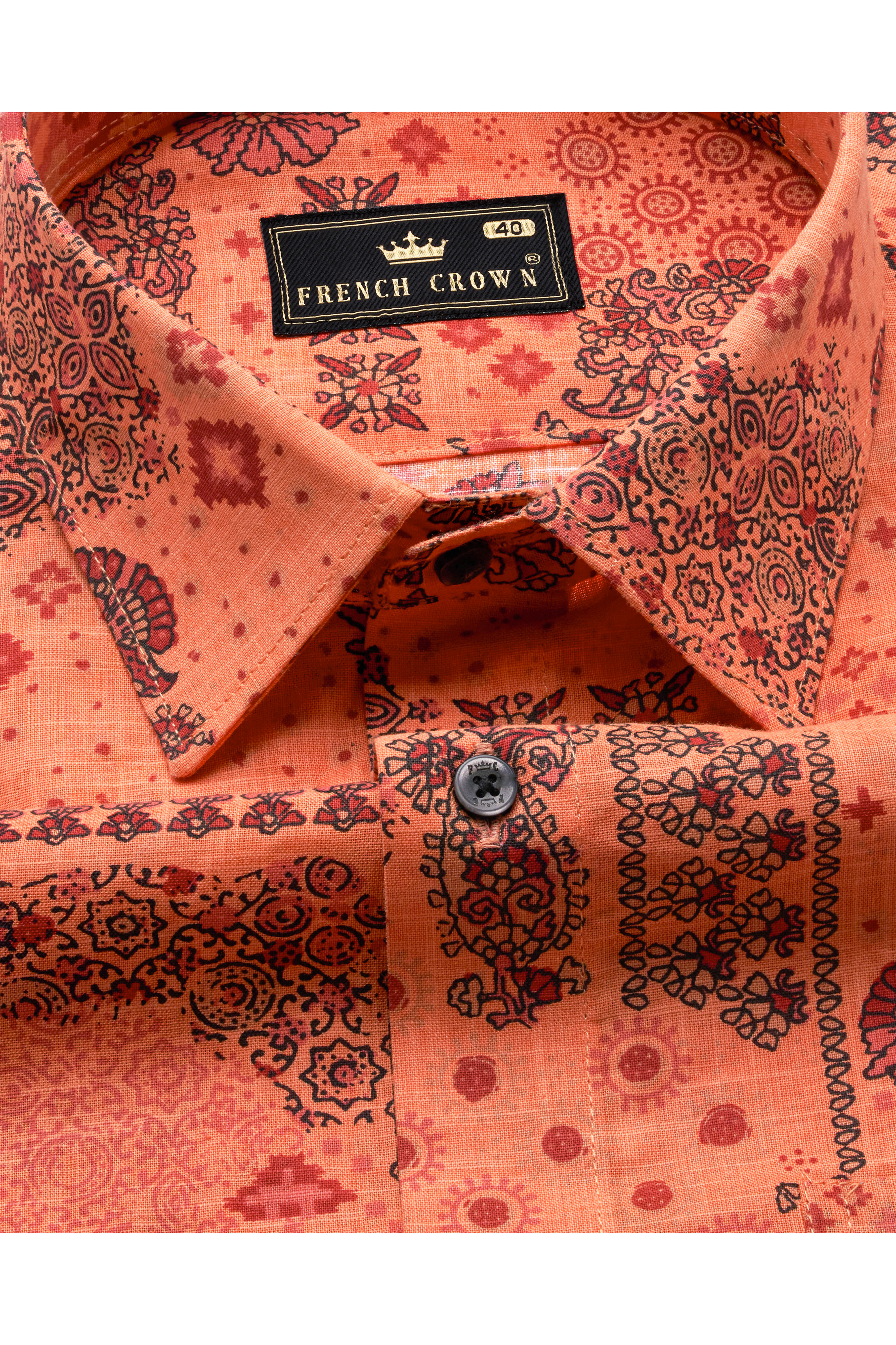 Geraldine Orange Ethnic Printed Chambray Shirt 10300-BLK-38, 10300-BLK-H-38, 10300-BLK-39, 10300-BLK-H-39, 10300-BLK-40, 10300-BLK-H-40, 10300-BLK-42, 10300-BLK-H-42, 10300-BLK-44, 10300-BLK-H-44, 10300-BLK-46, 10300-BLK-H-46, 10300-BLK-48, 10300-BLK-H-48, 10300-BLK-50, 10300-BLK-H-50, 10300-BLK-52, 10300-BLK-H-52