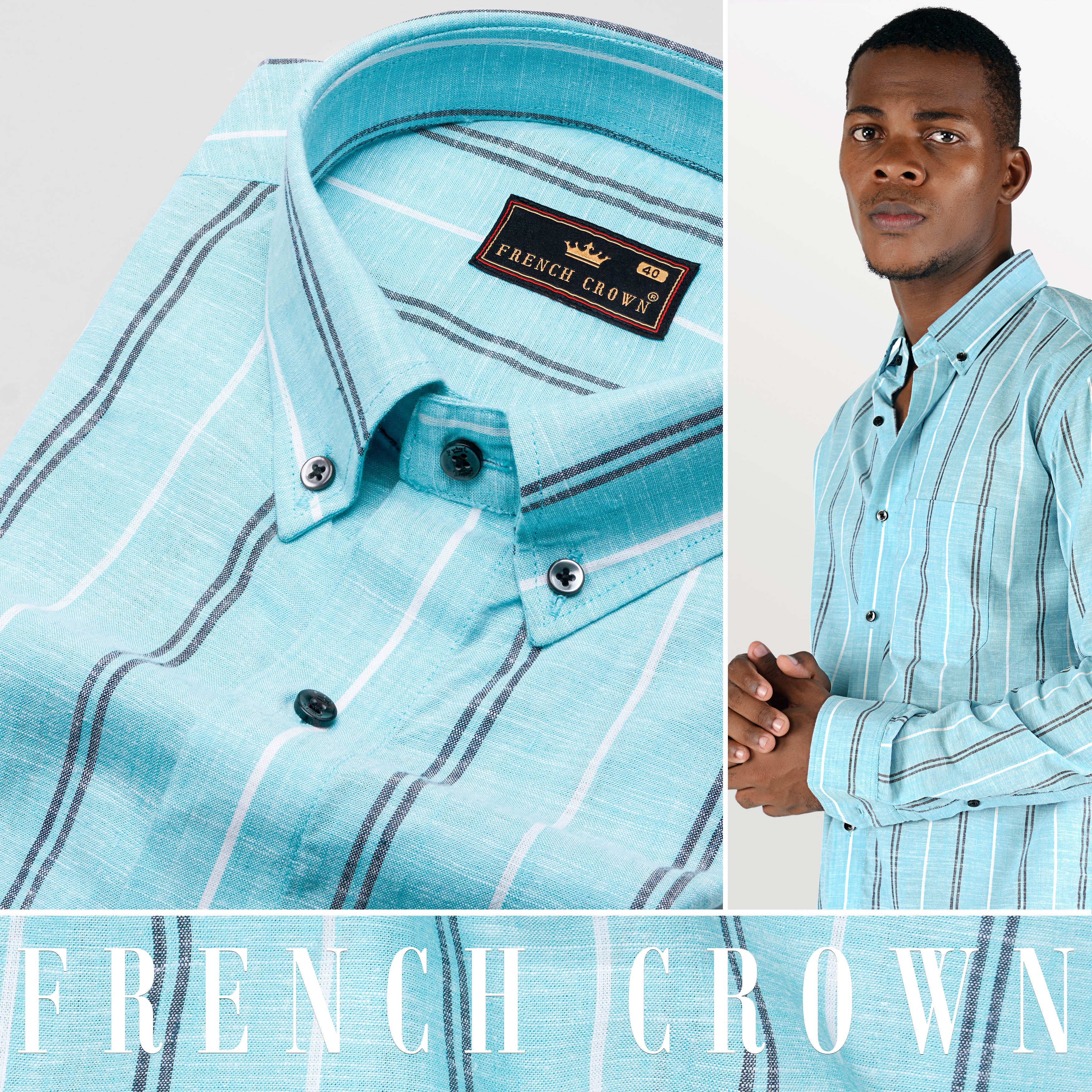 Pale Aqua Blue with Black and White Striped Luxurious Linen Shirt