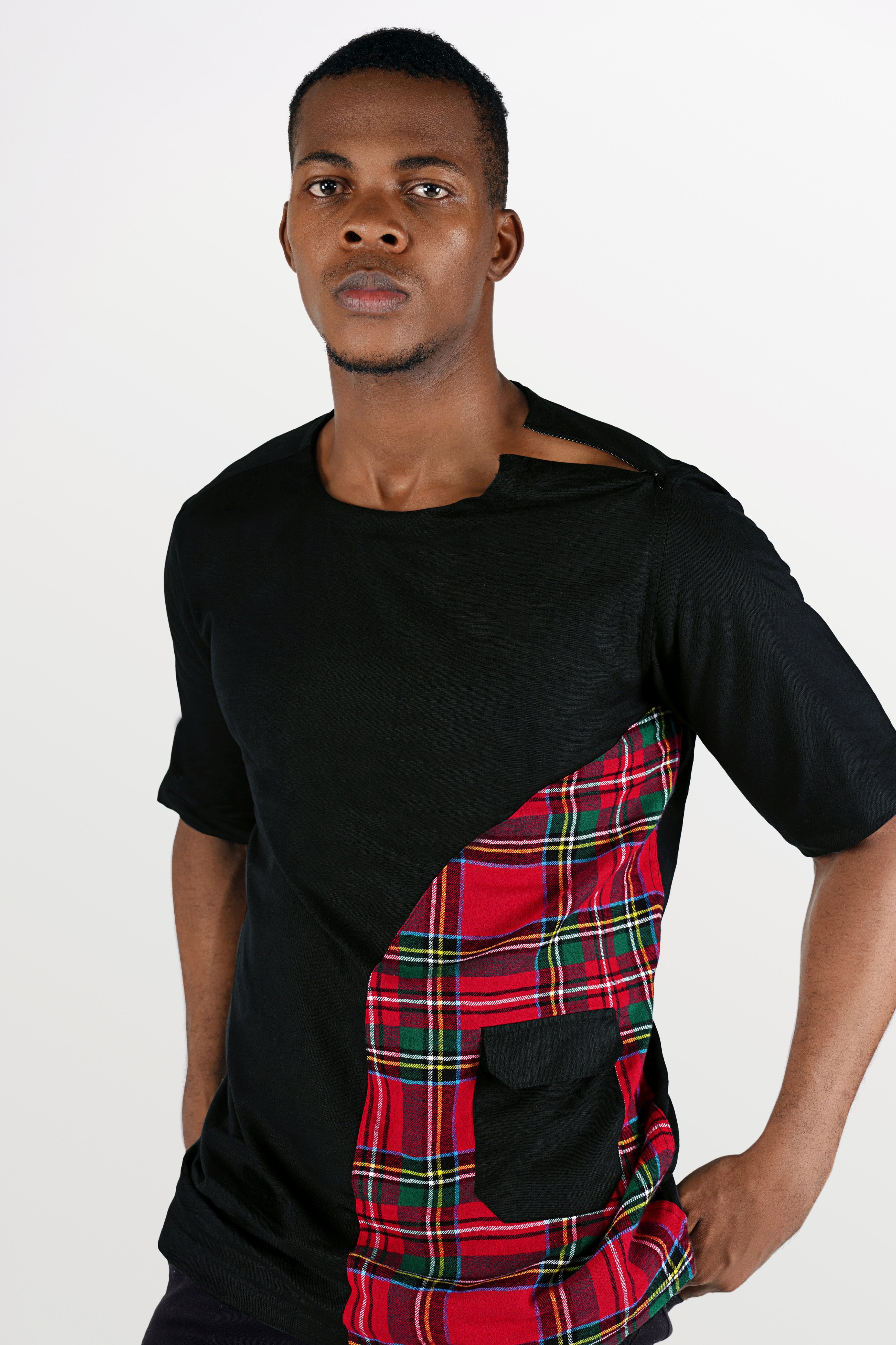 Jade Black with Carmine Red and Pine Green Checkered Luxurious Linen Designer Bush Shirt 10309-WOC-ZP-P352-38, 10309-WOC-ZP-P352-39, 10309-WOC-ZP-P352-40, 10309-WOC-ZP-P352-42, 10309-WOC-ZP-P352-44, 10309-WOC-ZP-P352-46, 10309-WOC-ZP-P352-48, 10309-WOC-ZP-P352-50, 10309-WOC-ZP-P352-52