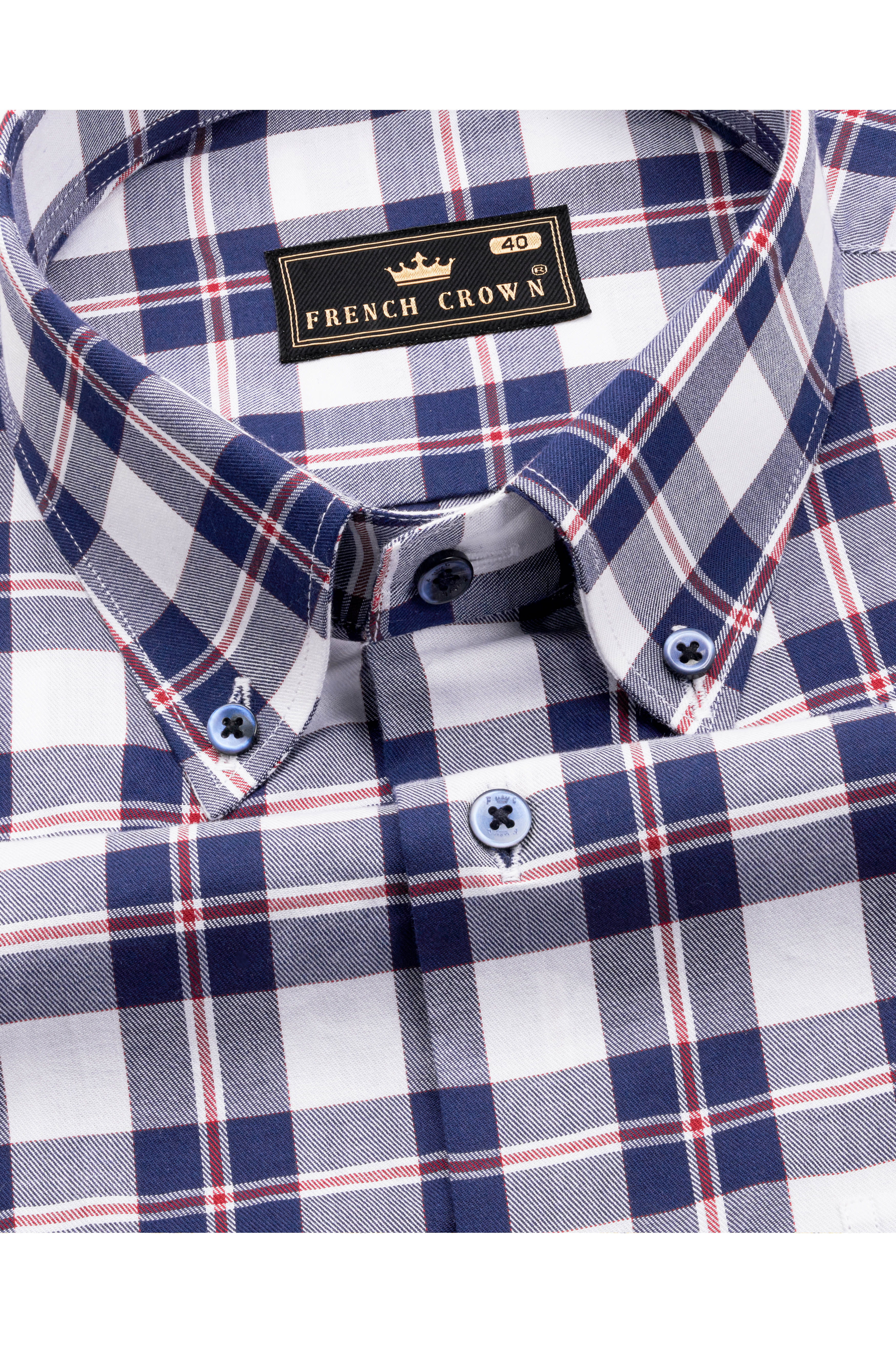 Bright White with Downriver Blue and Monza Red Checkered Twill Premium Cotton Shirt