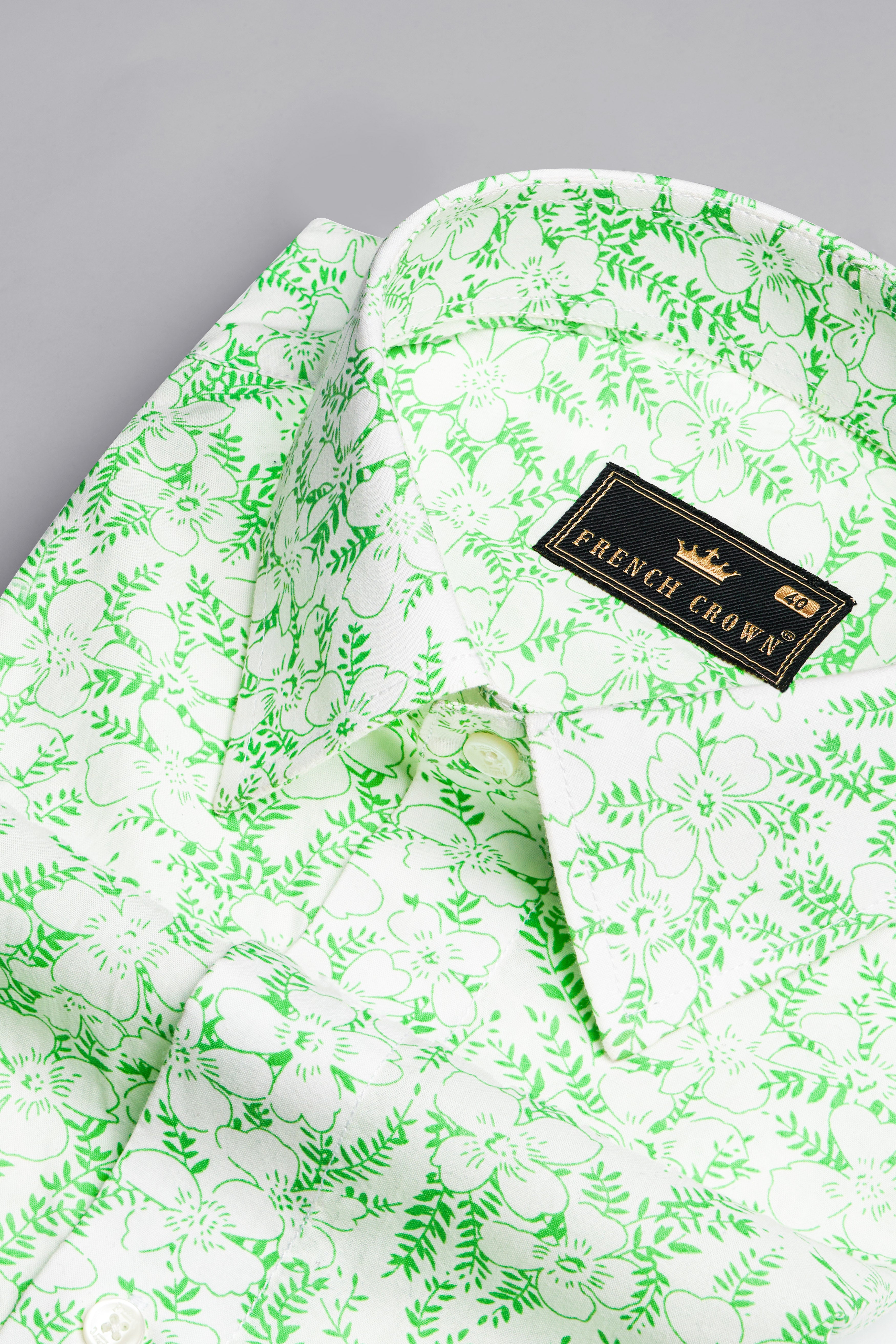 Bright White with Aquamarine Green Leaves Printed Premium Cotton Shirt