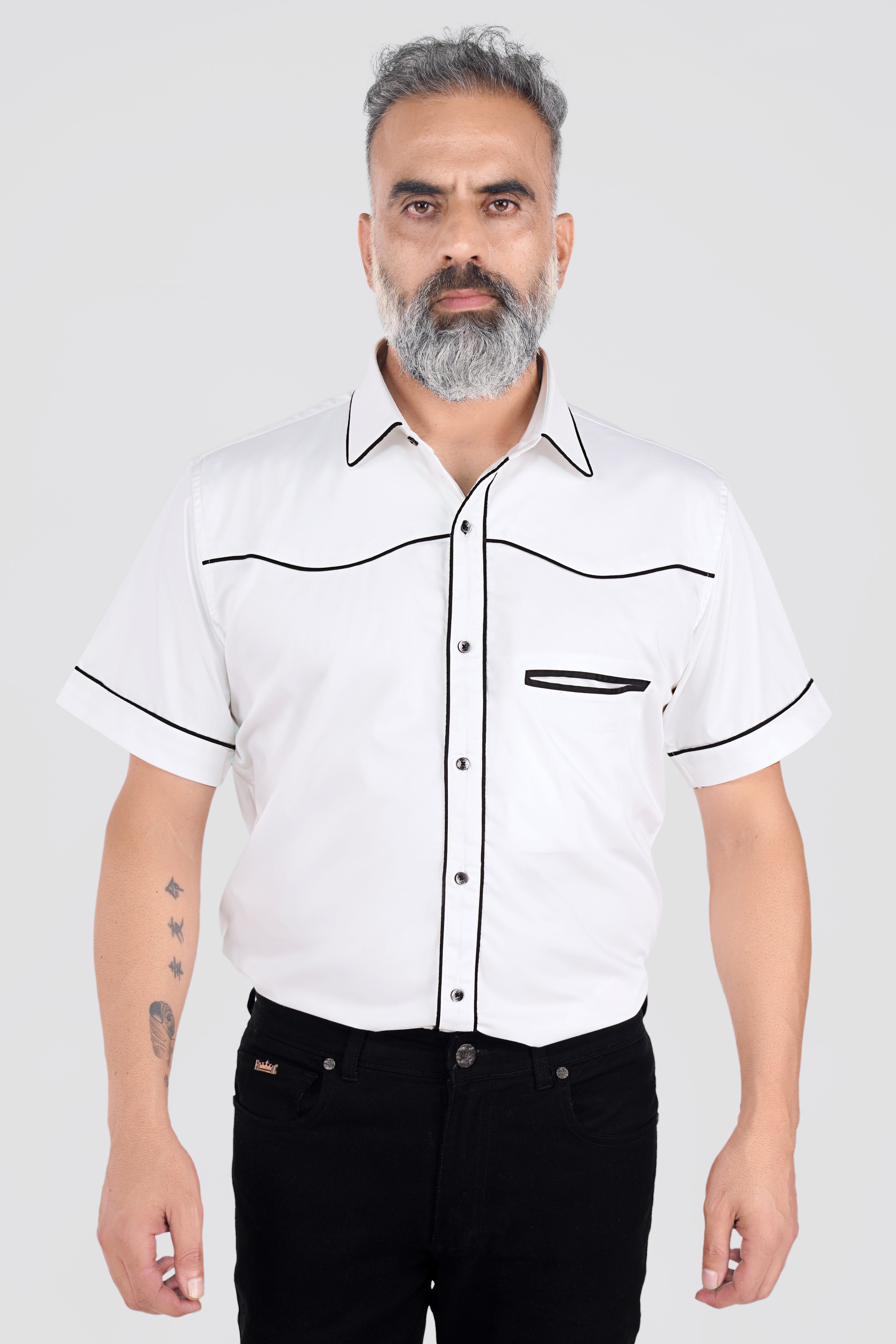 Bright White with Black Piping work Super Soft Premium Cotton Designer Shirt