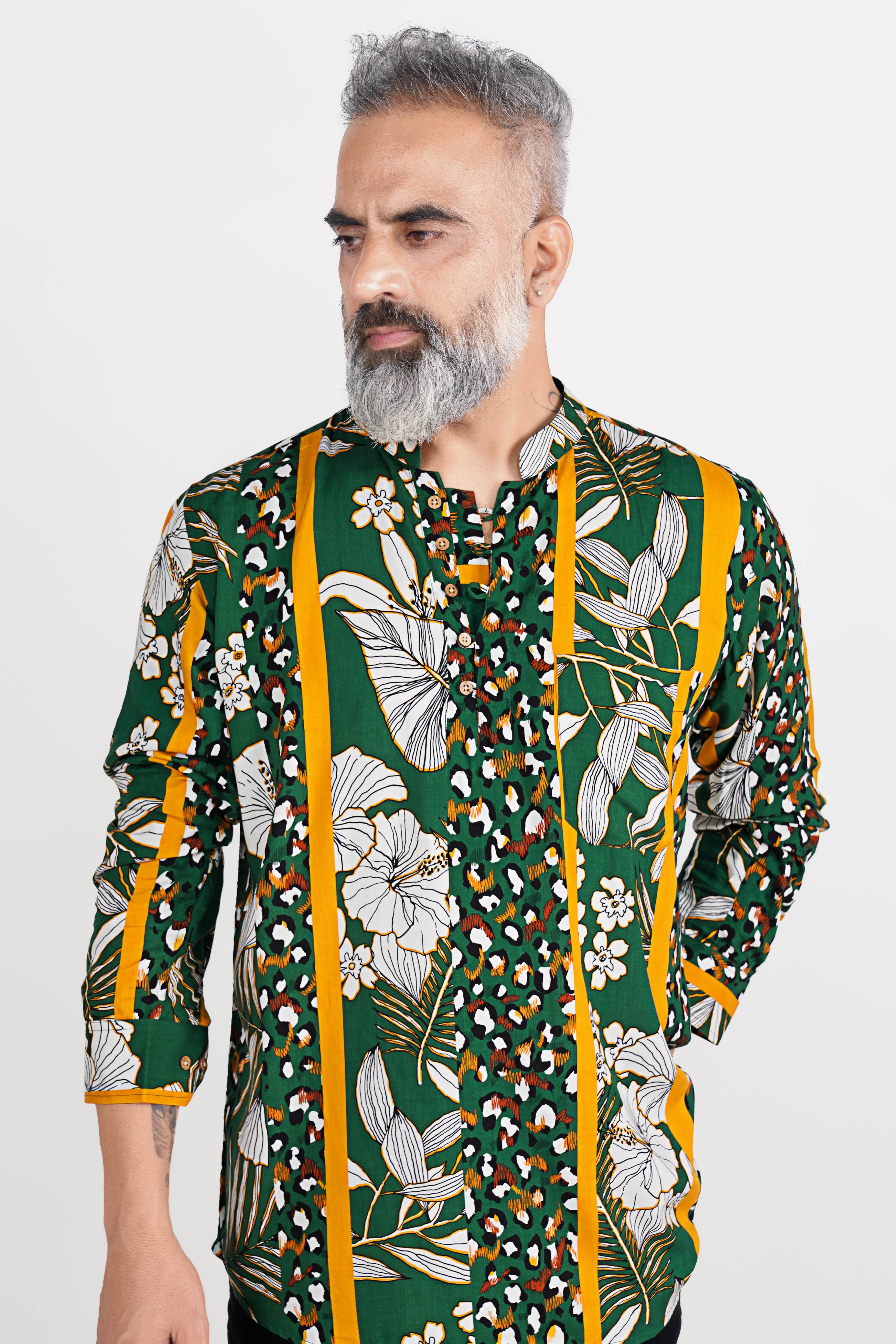 Spruce Green and White Floral Printed Premium Tencel Kurta Shirt