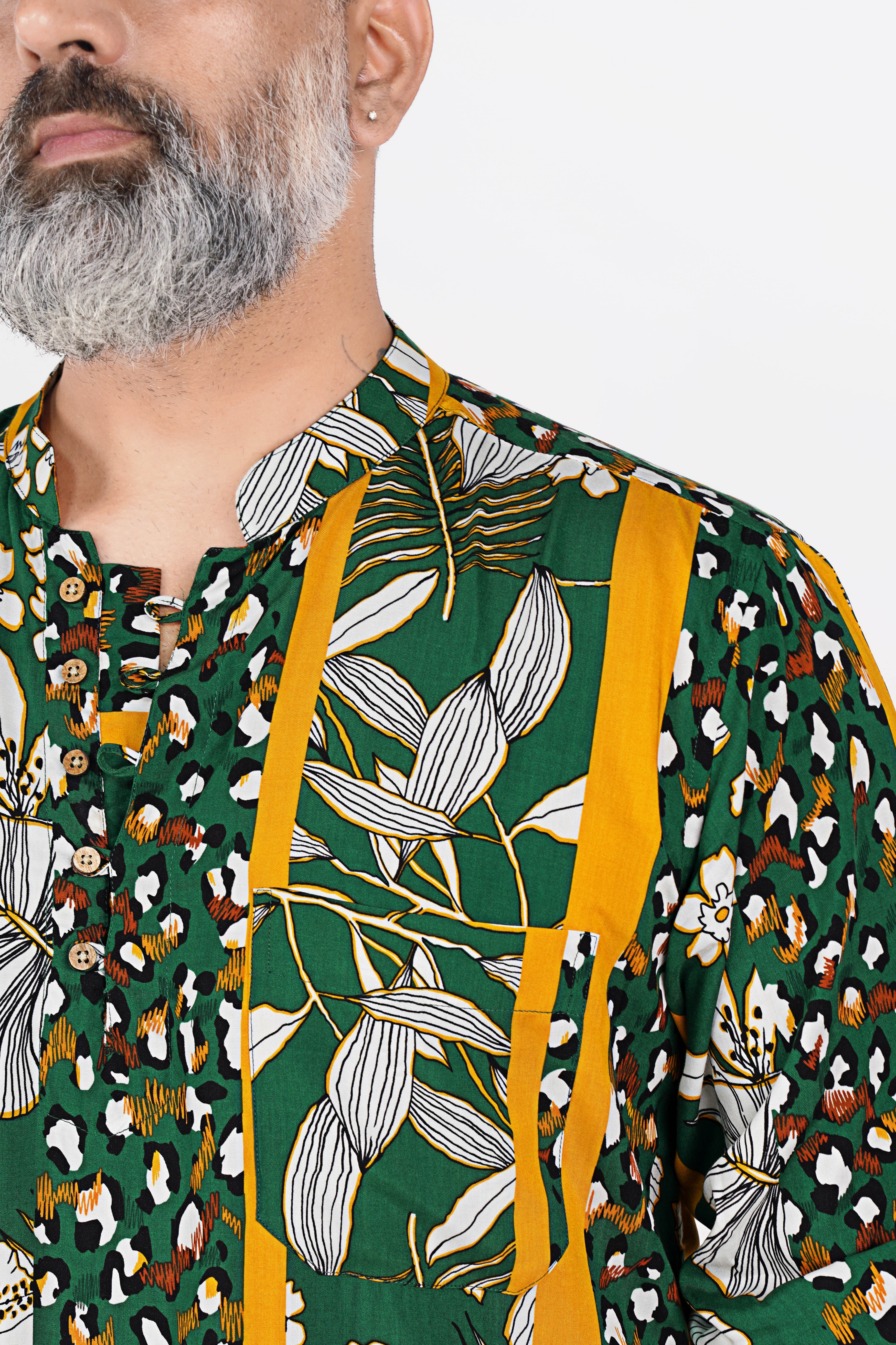 Spruce Green and White Floral Printed Premium Tencel Kurta Shirt