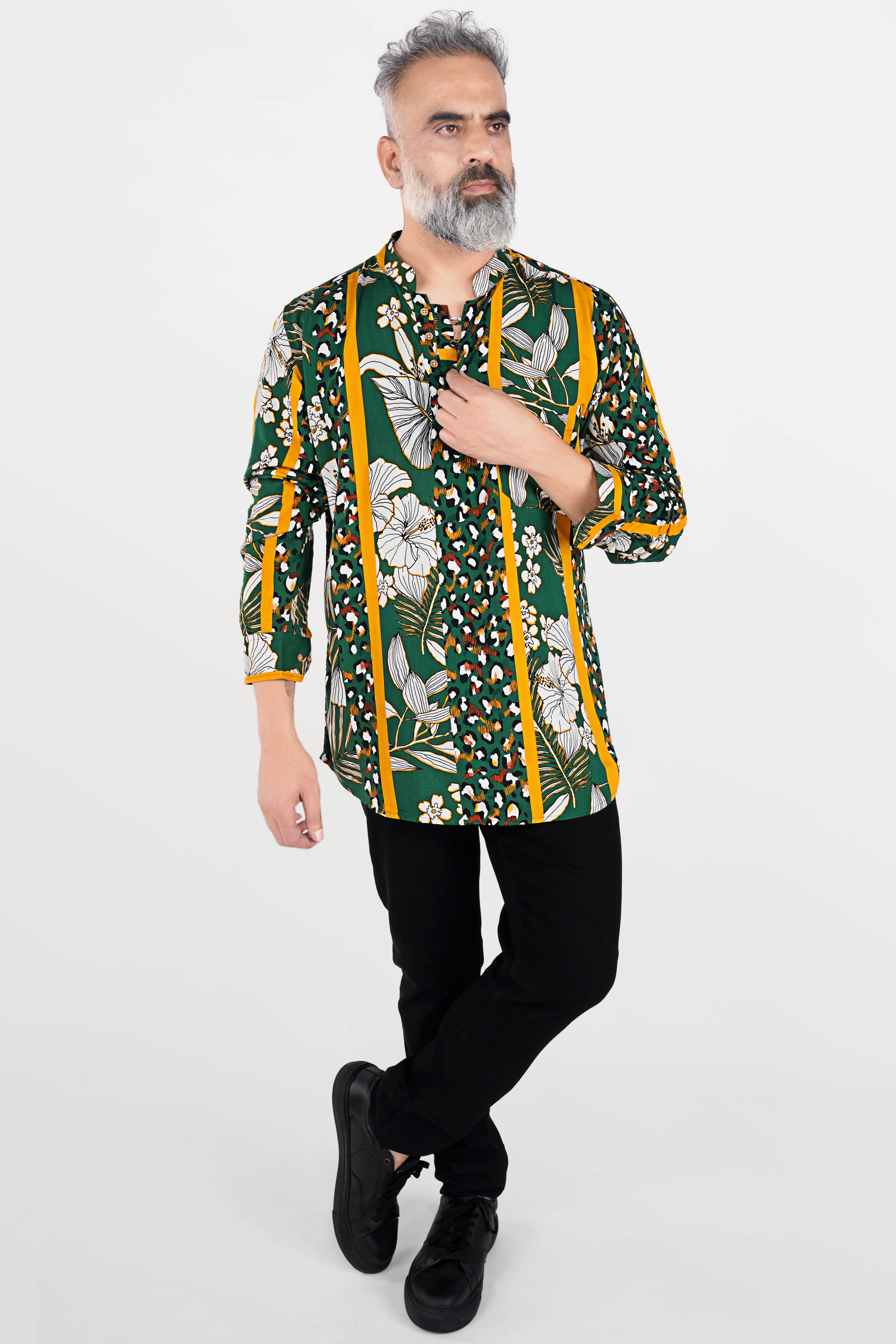 Spruce Green and White Floral Printed Premium Tencel Kurta Shirt
