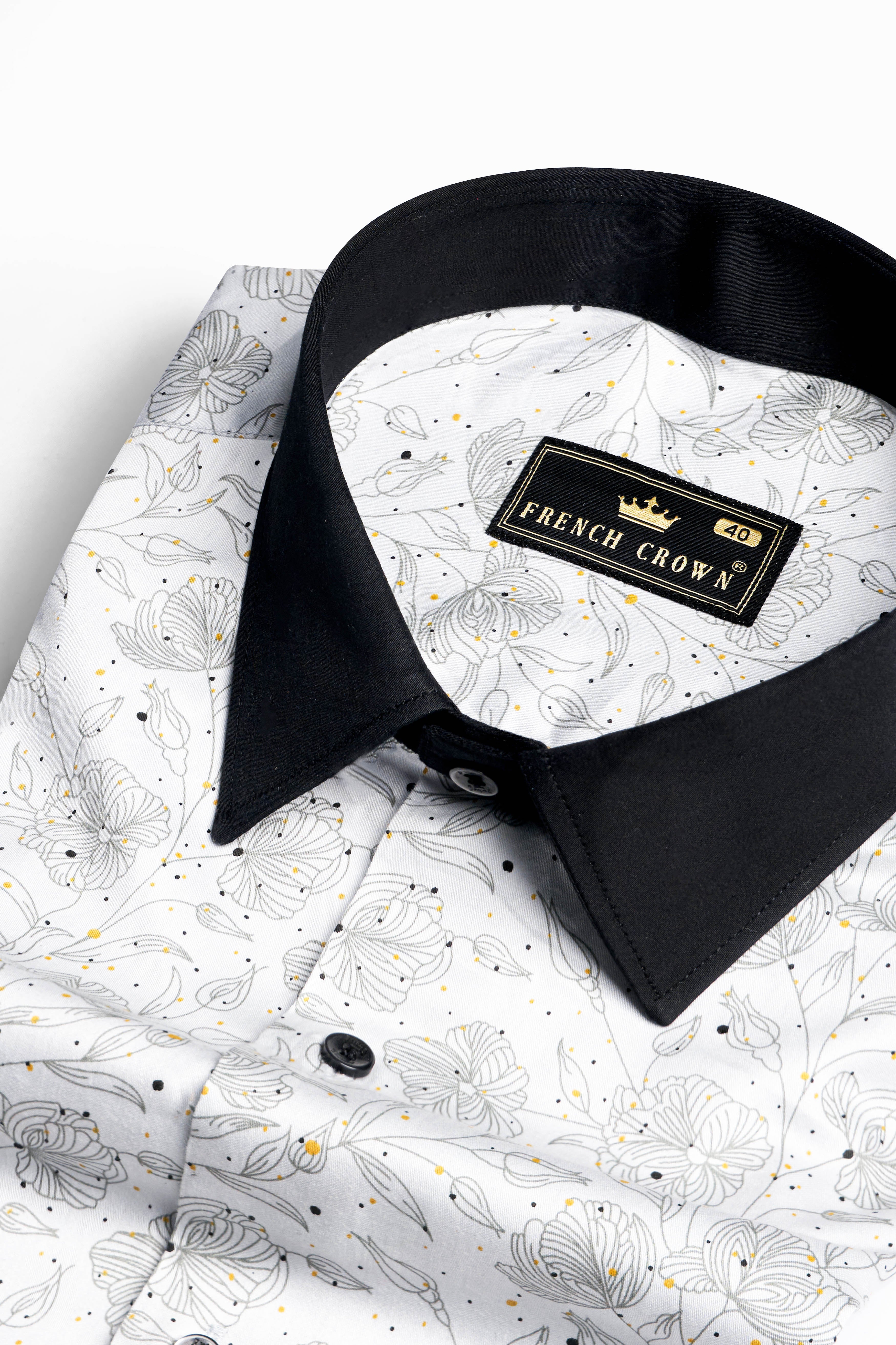 Bright White Floral Printed with Black Cuffs and Collar Super Soft Premium Cotton Shirt