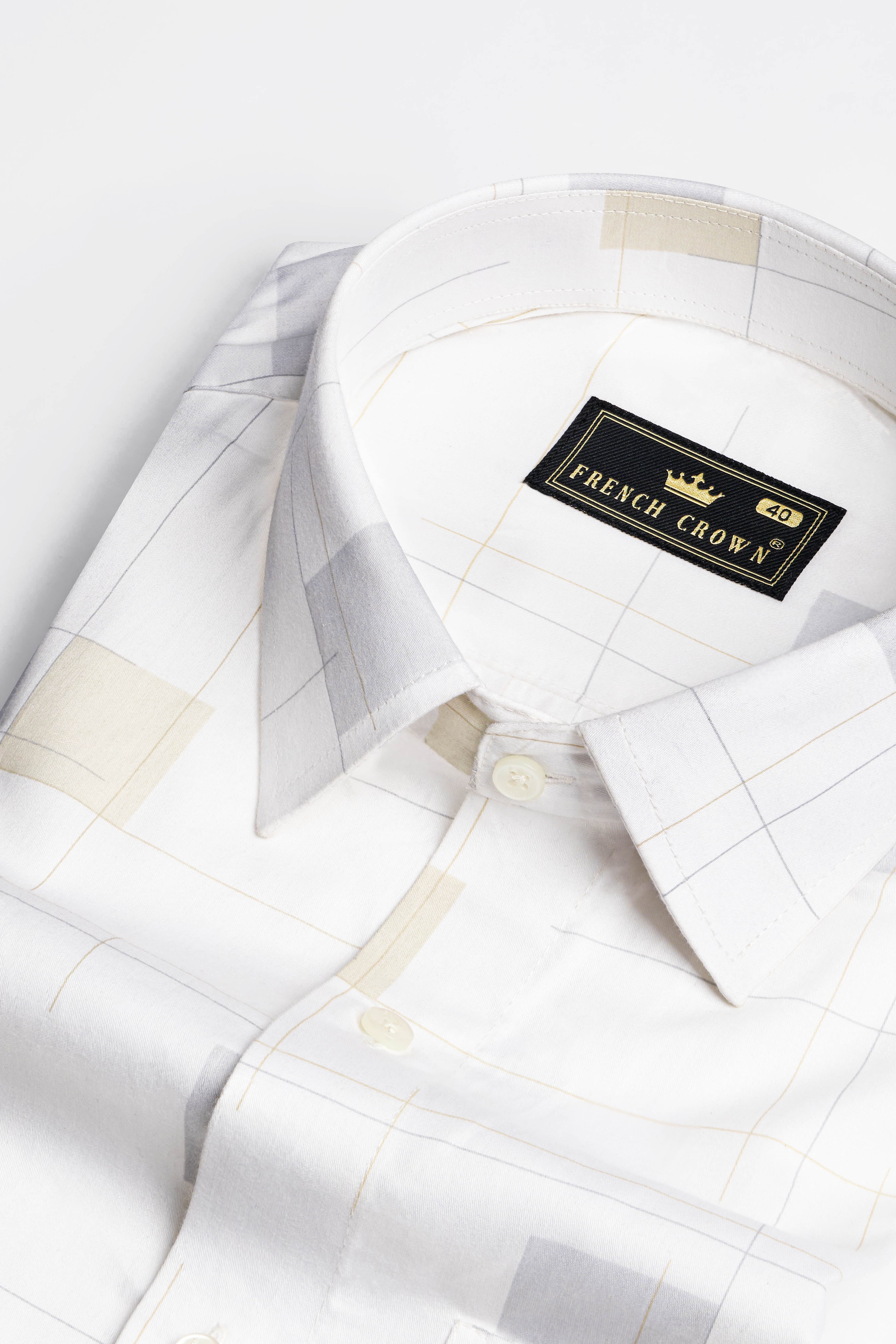 Bright White with Periglacial Beige Checked Jacquard Textured Premium Giza Cotton Shirt