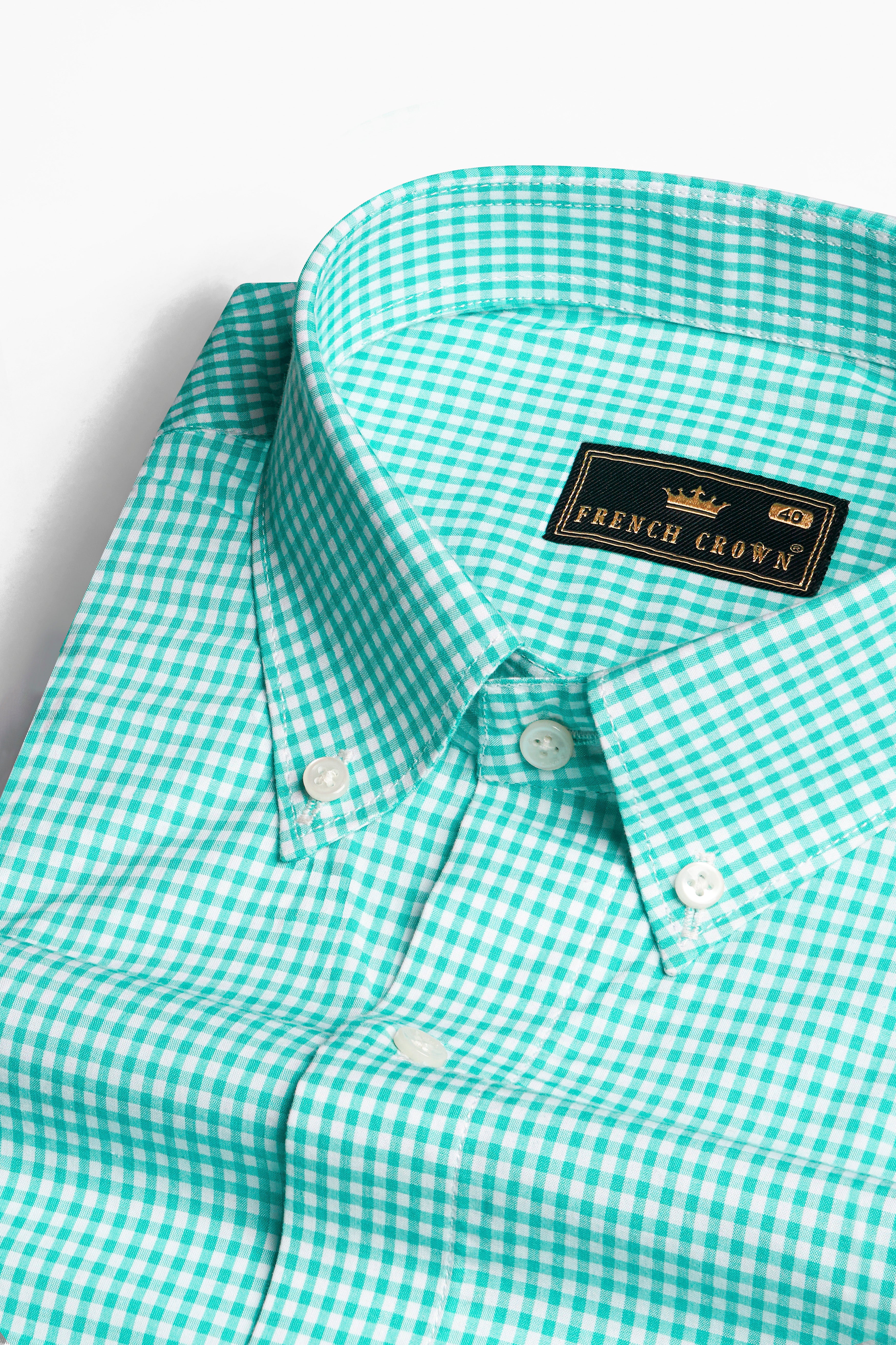 Turquoise Green with Bright White Gingham Checkered Premium Cotton Button Down Shirt