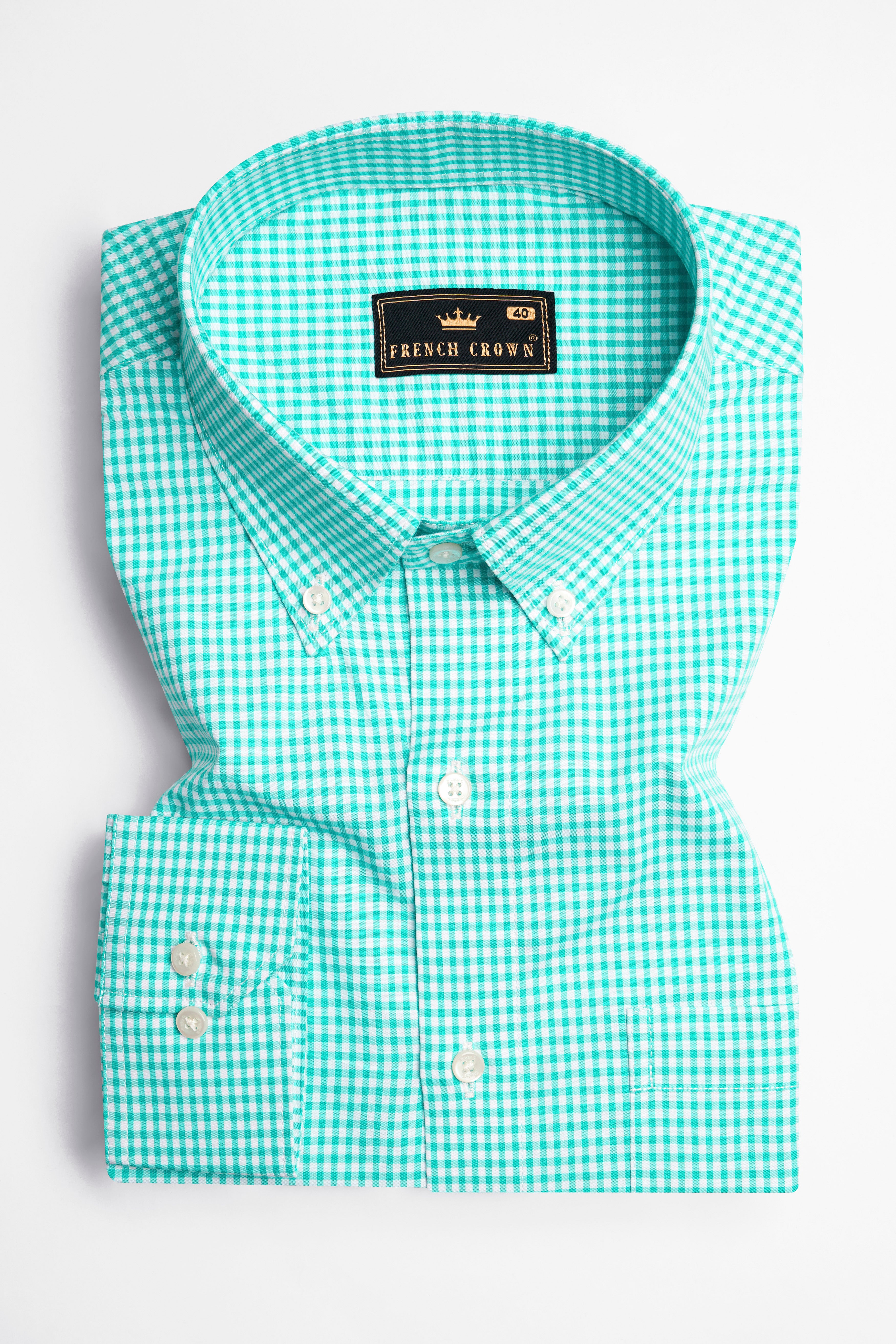 Turquoise Green with Bright White Gingham Checkered Premium Cotton Button Down Shirt