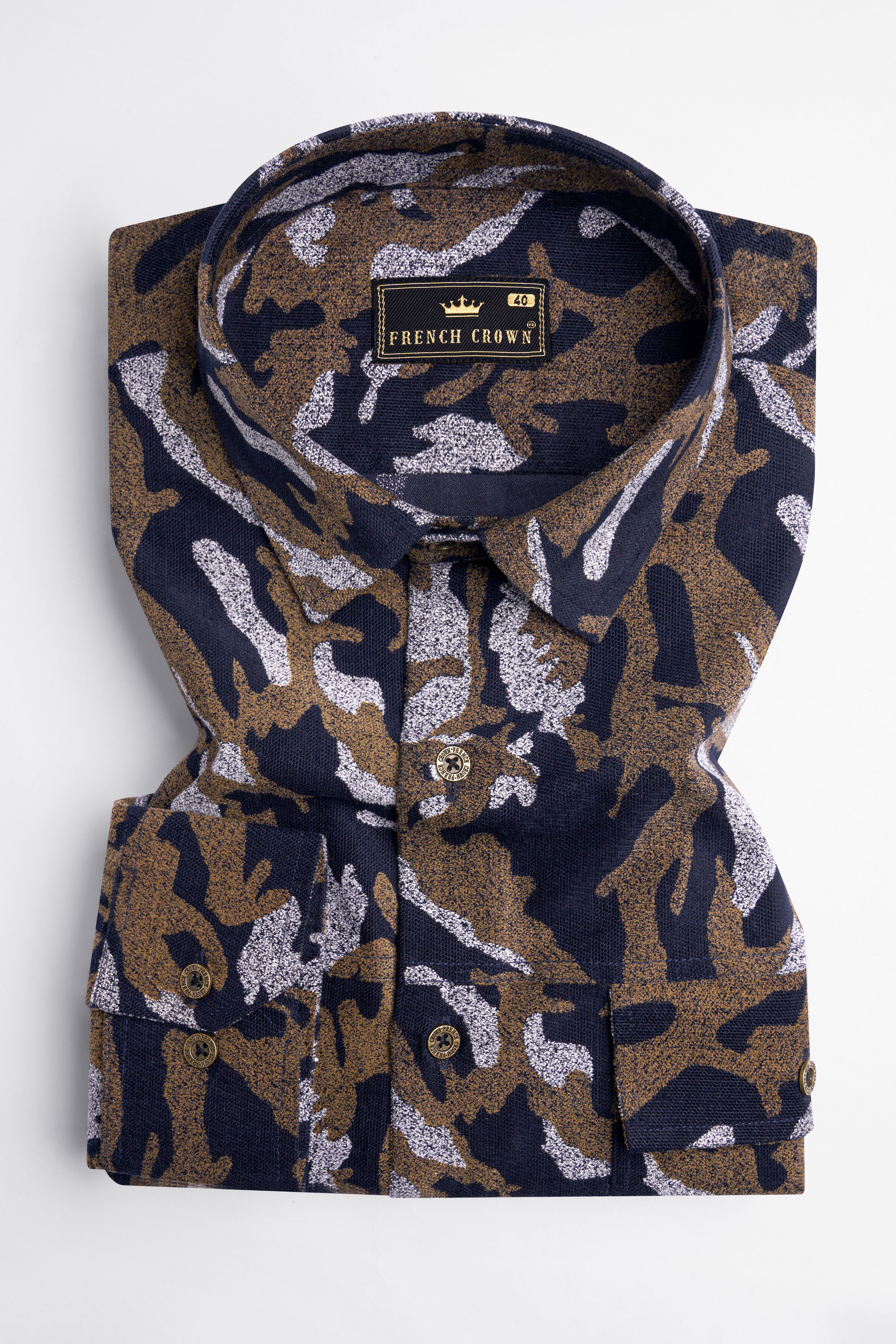 Medium Taupe Brown with Haiti Blue Printed Corduroy Overshirt
