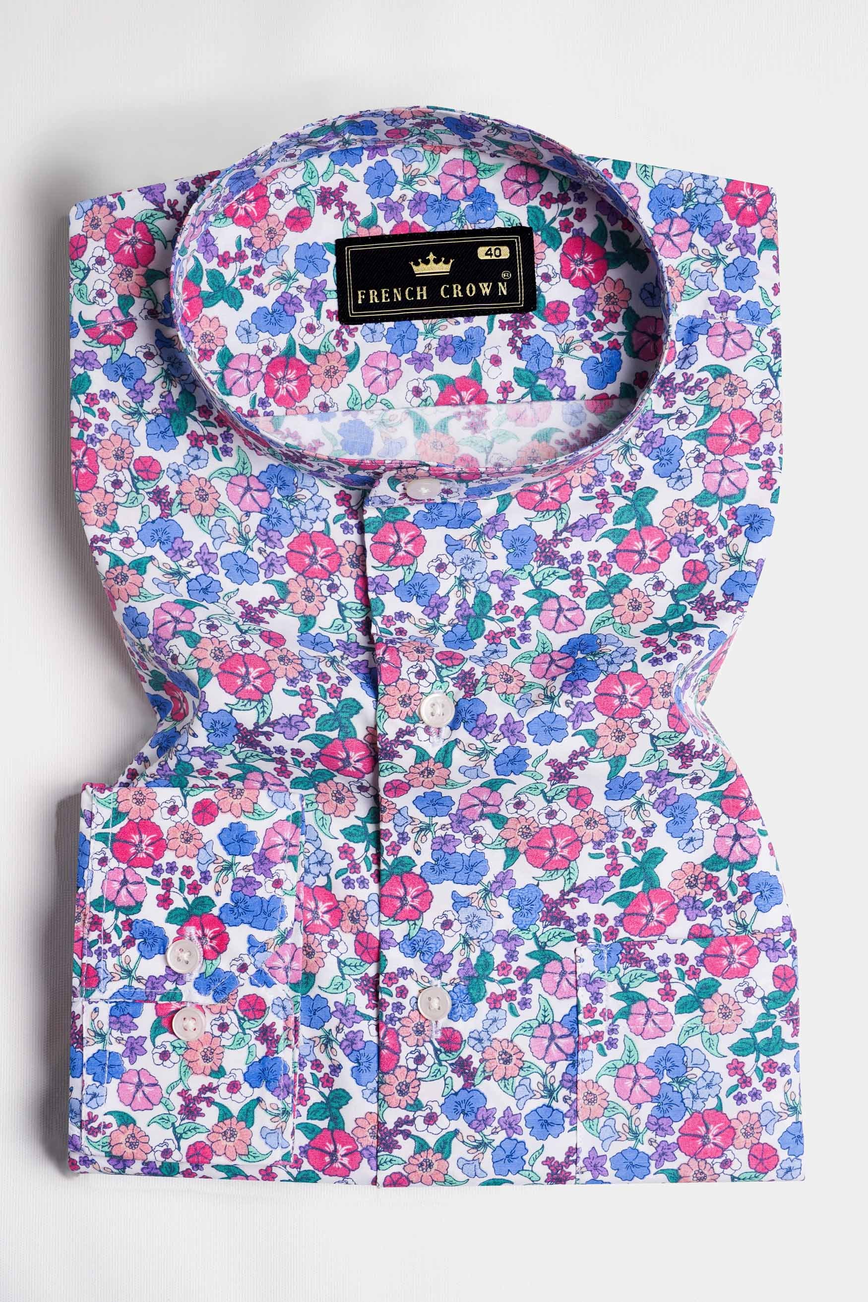 Bright White with Havelock Blue Multicolour Ditsy Printed Premium Cotton Shirt