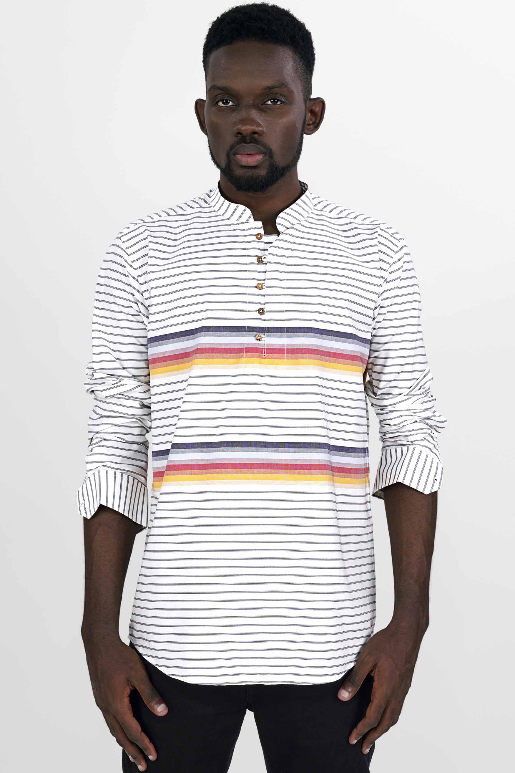 Bright White Multicolour Striped Premium Cotton Kurta Shirt