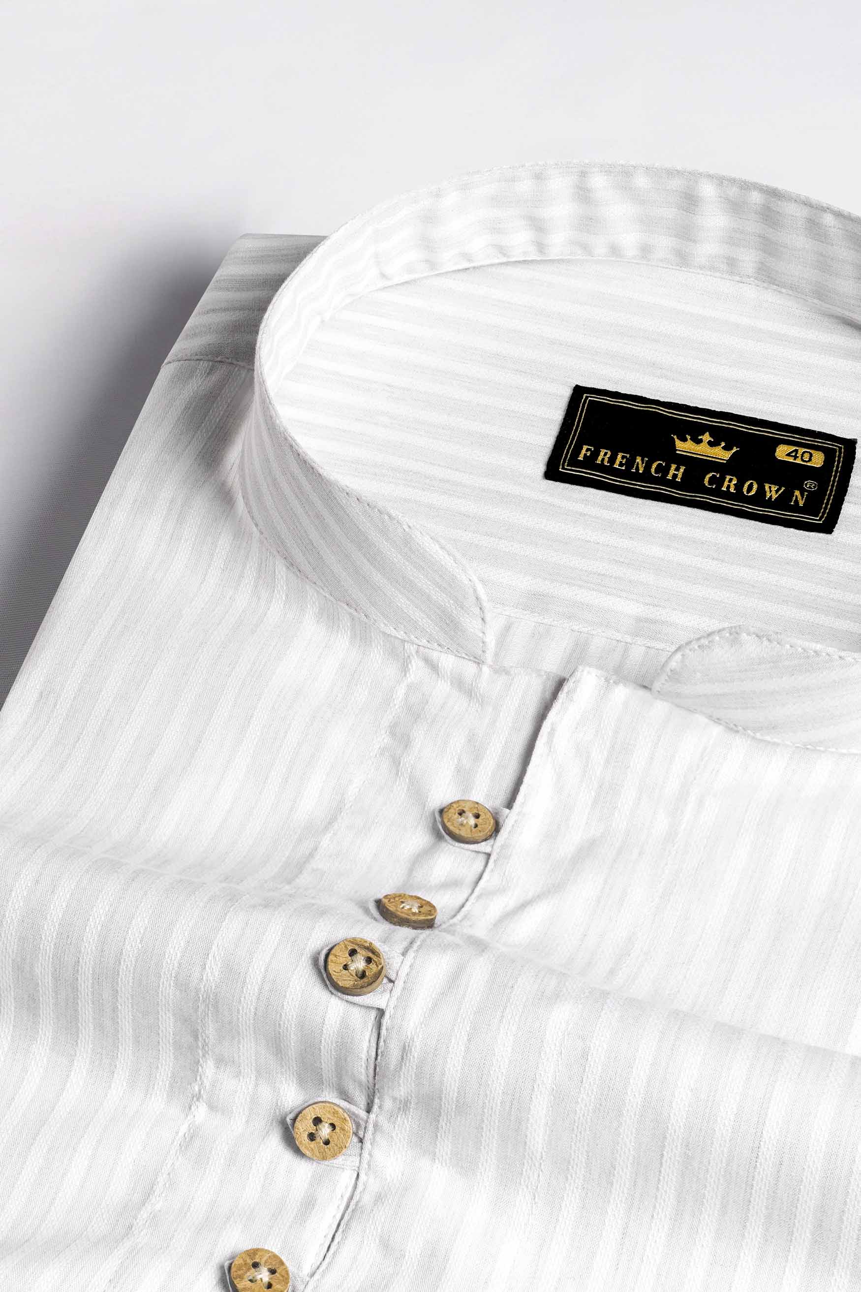Bright White Striped Dobby Textured Premium Giza Cotton Kurta Shirt