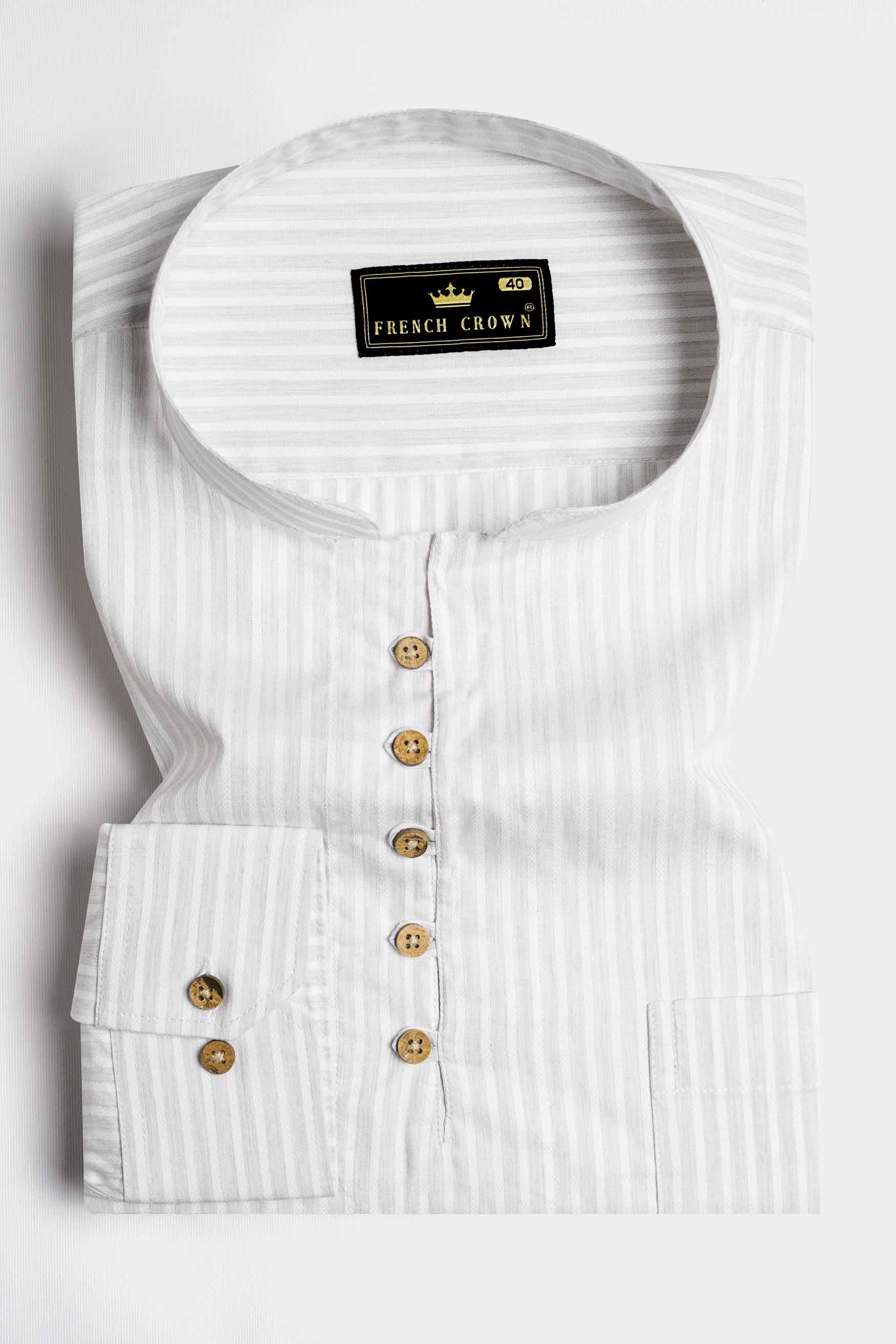 Bright White Striped Dobby Textured Premium Giza Cotton Kurta Shirt