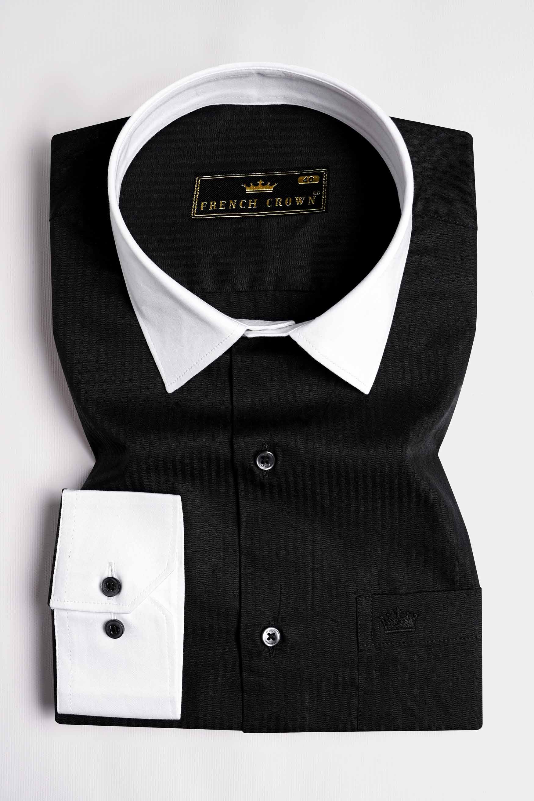 Jade Black Striped Dobby Textured with White Cuffs and Collar Premium Giza Cotton Shirt