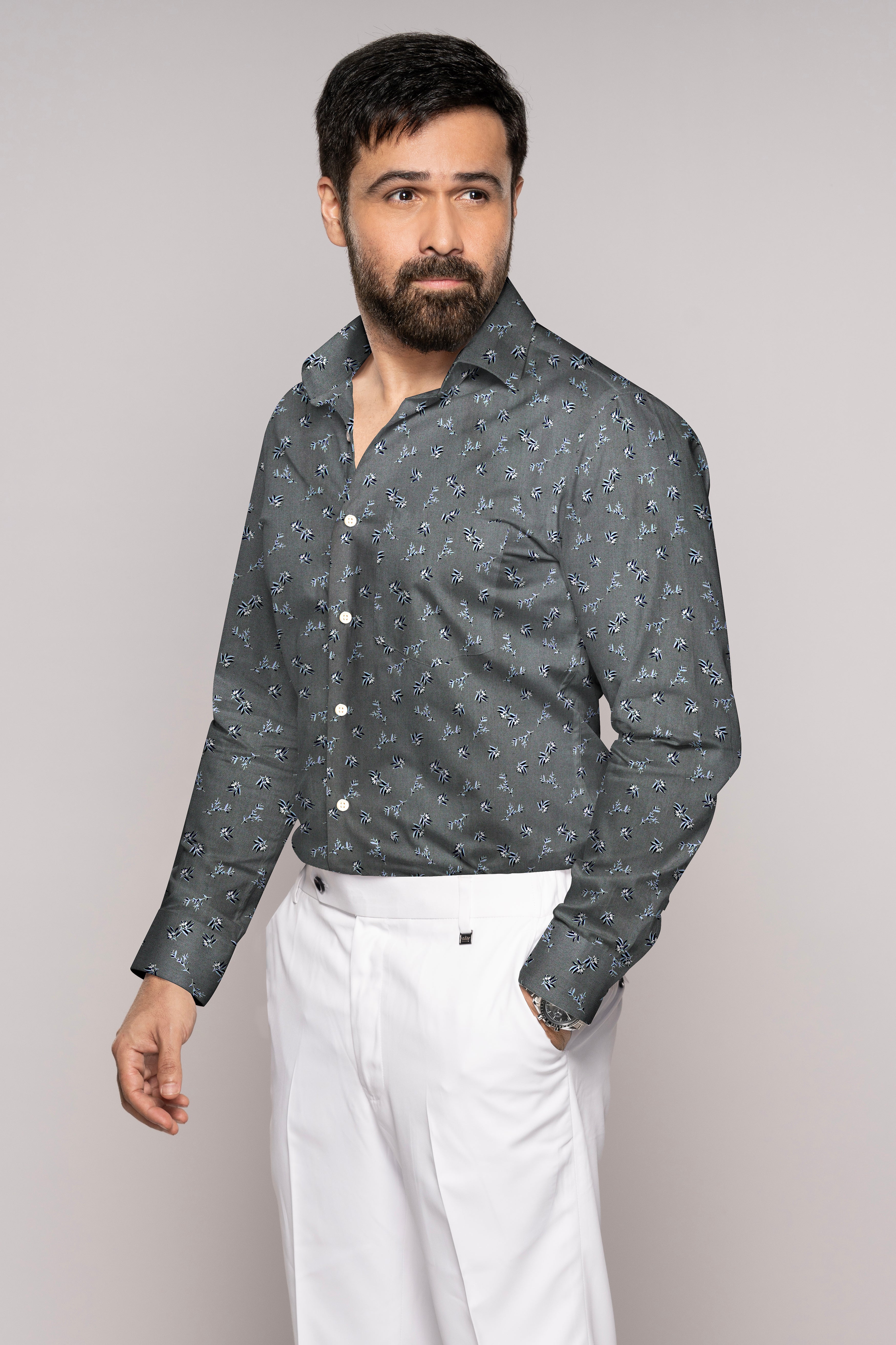 Gunsmoke Gray Leaves Printed Twill Premium Cotton Shirt