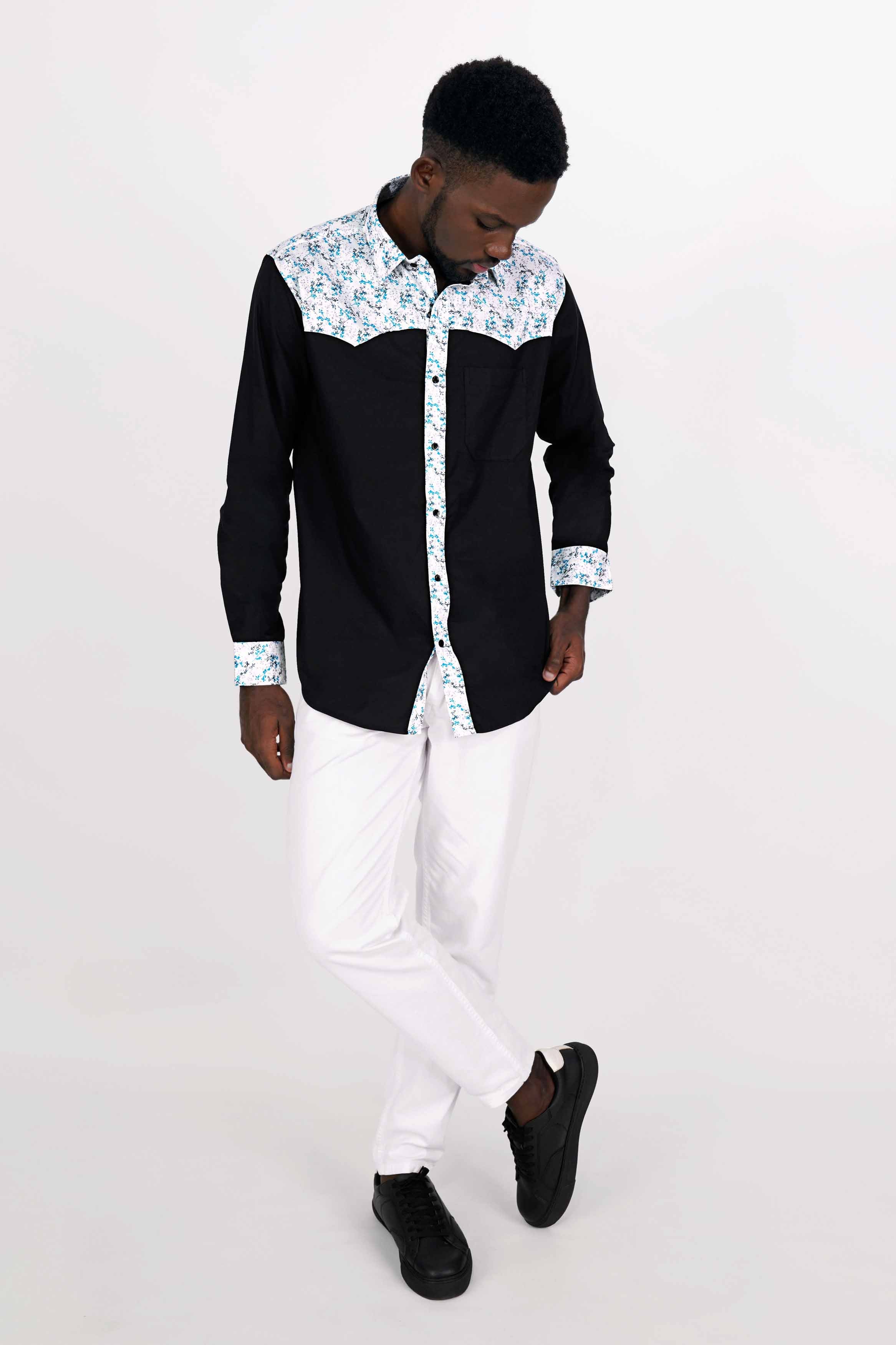 Jade Black with White Printed Royal Oxford Designer Shirt