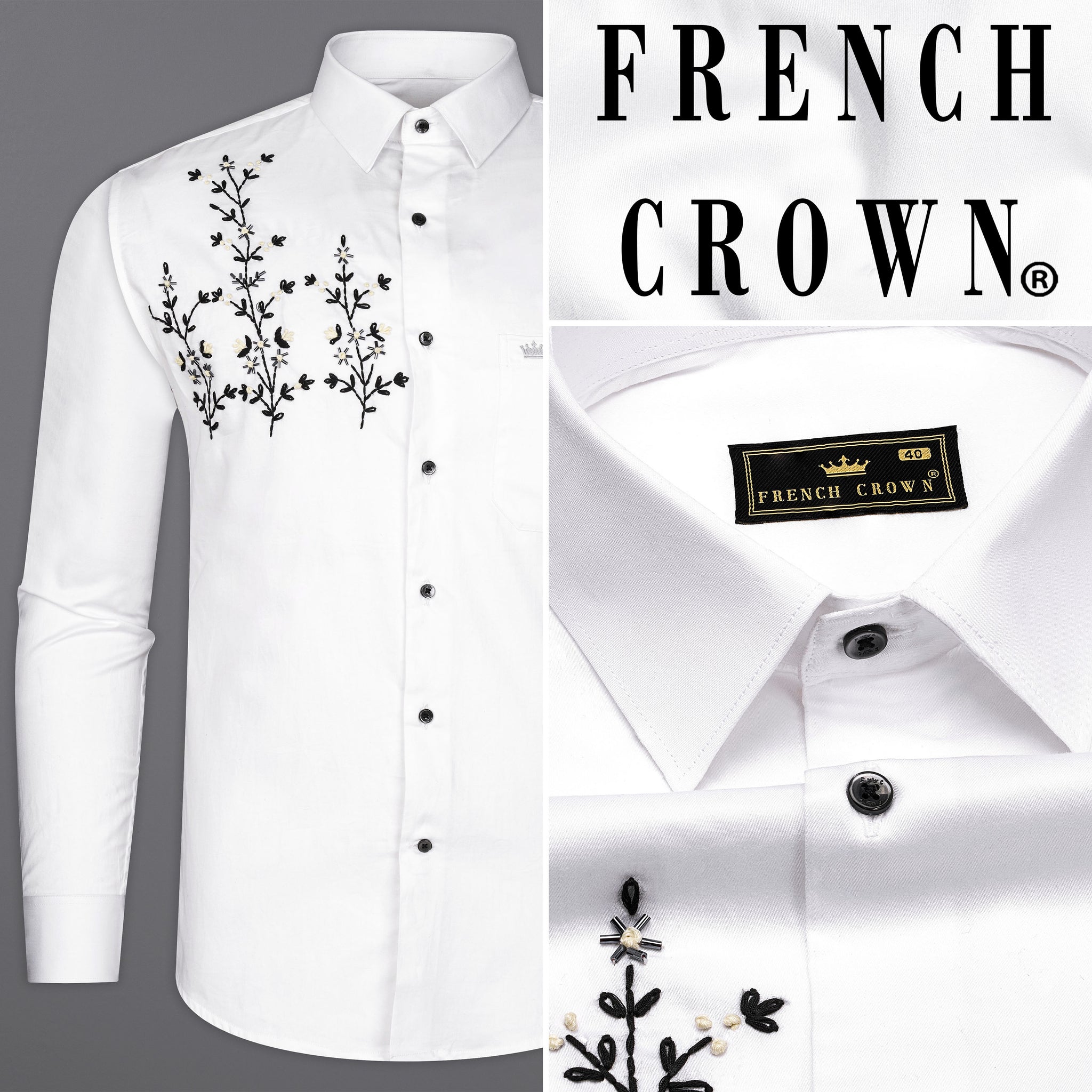 Bright White Leaves Casual PlainSolid Premium Cotton Embroidered