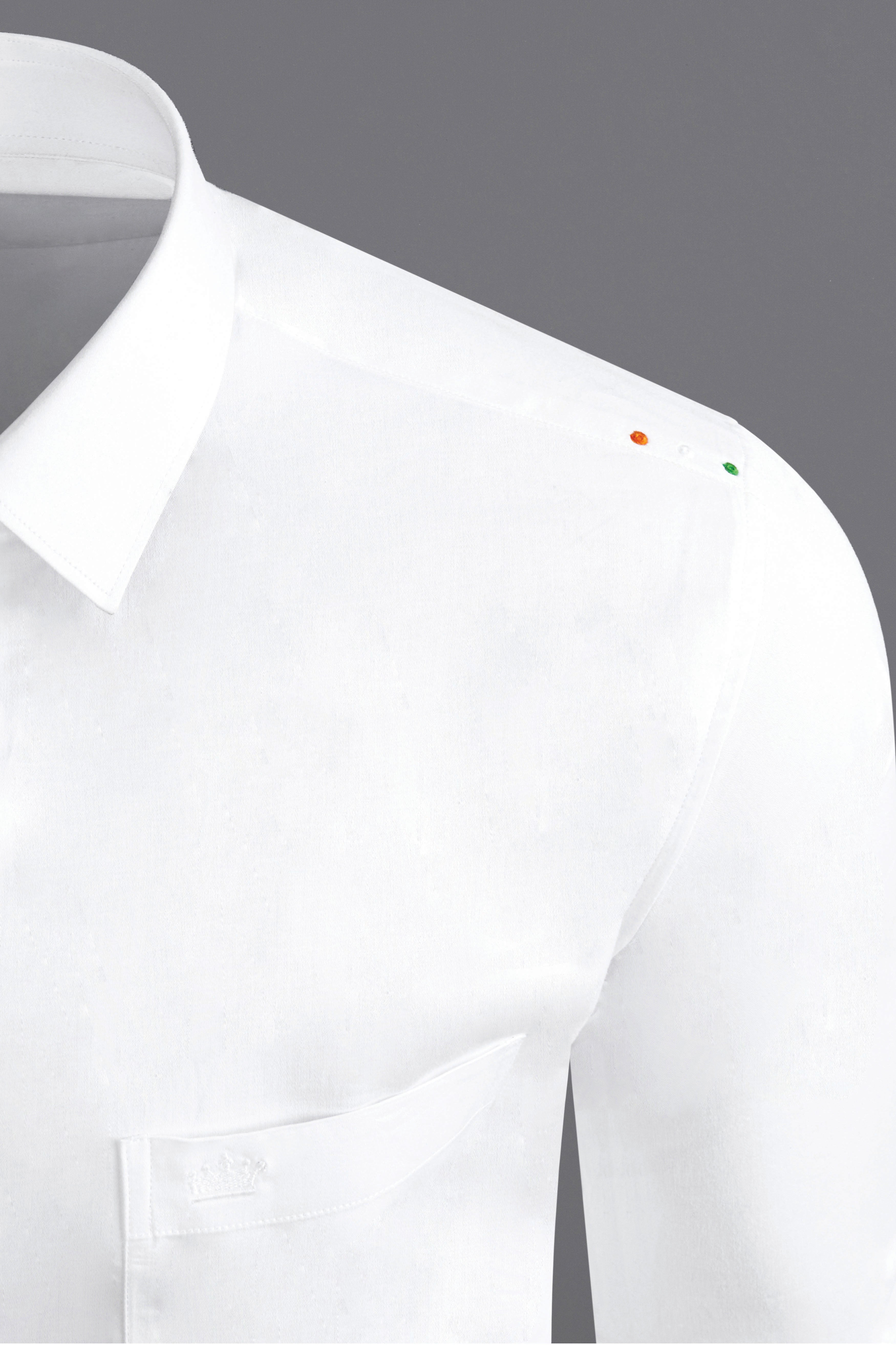 Bright White Subtle Sheen with Left Shoulder Tricolour Embroidered Super Soft Premium Cotton Shirt