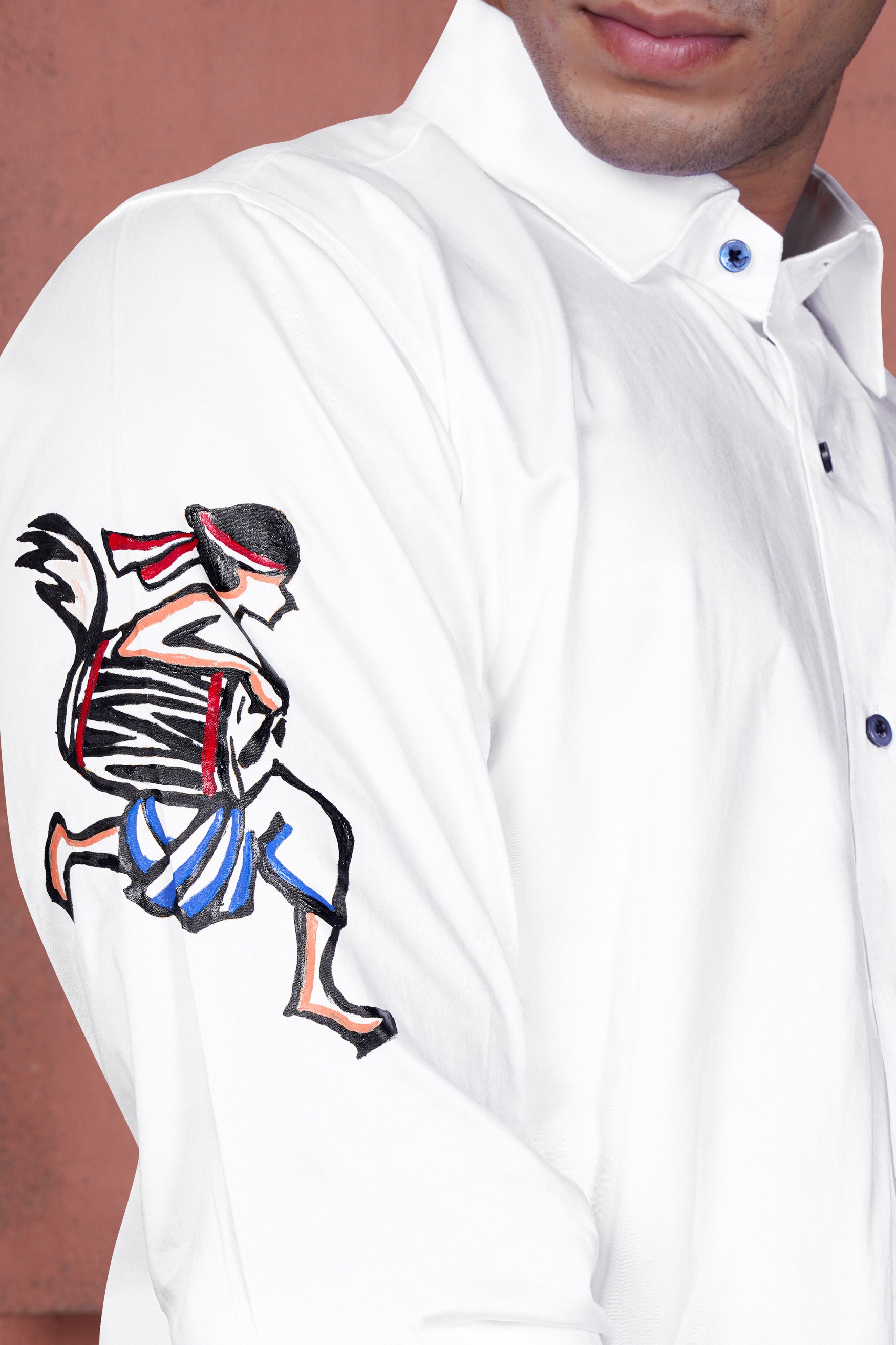 Bright White Man Playing Dhol Hand Painted Subtle Sheen Super Soft Premium Cotton Designer Shirt 1066-BLE-ART06-38, 1066-BLE-ART06-H-38, 1066-BLE-ART06-39, 1066-BLE-ART06-H-39, 1066-BLE-ART06-40, 1066-BLE-ART06-H-40, 1066-BLE-ART06-42, 1066-BLE-ART06-H-42, 1066-BLE-ART06-44, 1066-BLE-ART06-H-44, 1066-BLE-ART06-46, 1066-BLE-ART06-H-46, 1066-BLE-ART06-48, 1066-BLE-ART06-H-48, 1066-BLE-ART06-50, 1066-BLE-ART06-H-50, 1066-BLE-ART06-52, 1066-BLE-ART06-H-52