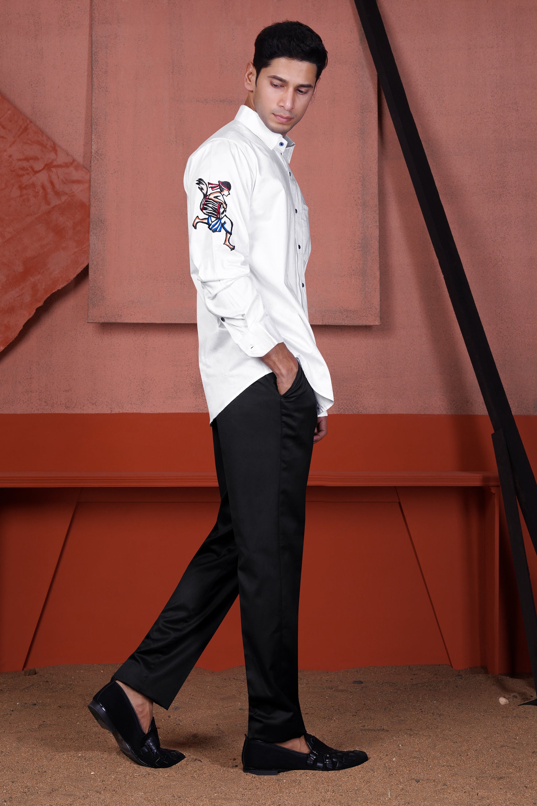 Bright White Man Playing Dhol Hand Painted Subtle Sheen Super Soft Premium Cotton Designer Shirt 1066-BLE-ART06-38, 1066-BLE-ART06-H-38, 1066-BLE-ART06-39, 1066-BLE-ART06-H-39, 1066-BLE-ART06-40, 1066-BLE-ART06-H-40, 1066-BLE-ART06-42, 1066-BLE-ART06-H-42, 1066-BLE-ART06-44, 1066-BLE-ART06-H-44, 1066-BLE-ART06-46, 1066-BLE-ART06-H-46, 1066-BLE-ART06-48, 1066-BLE-ART06-H-48, 1066-BLE-ART06-50, 1066-BLE-ART06-H-50, 1066-BLE-ART06-52, 1066-BLE-ART06-H-52