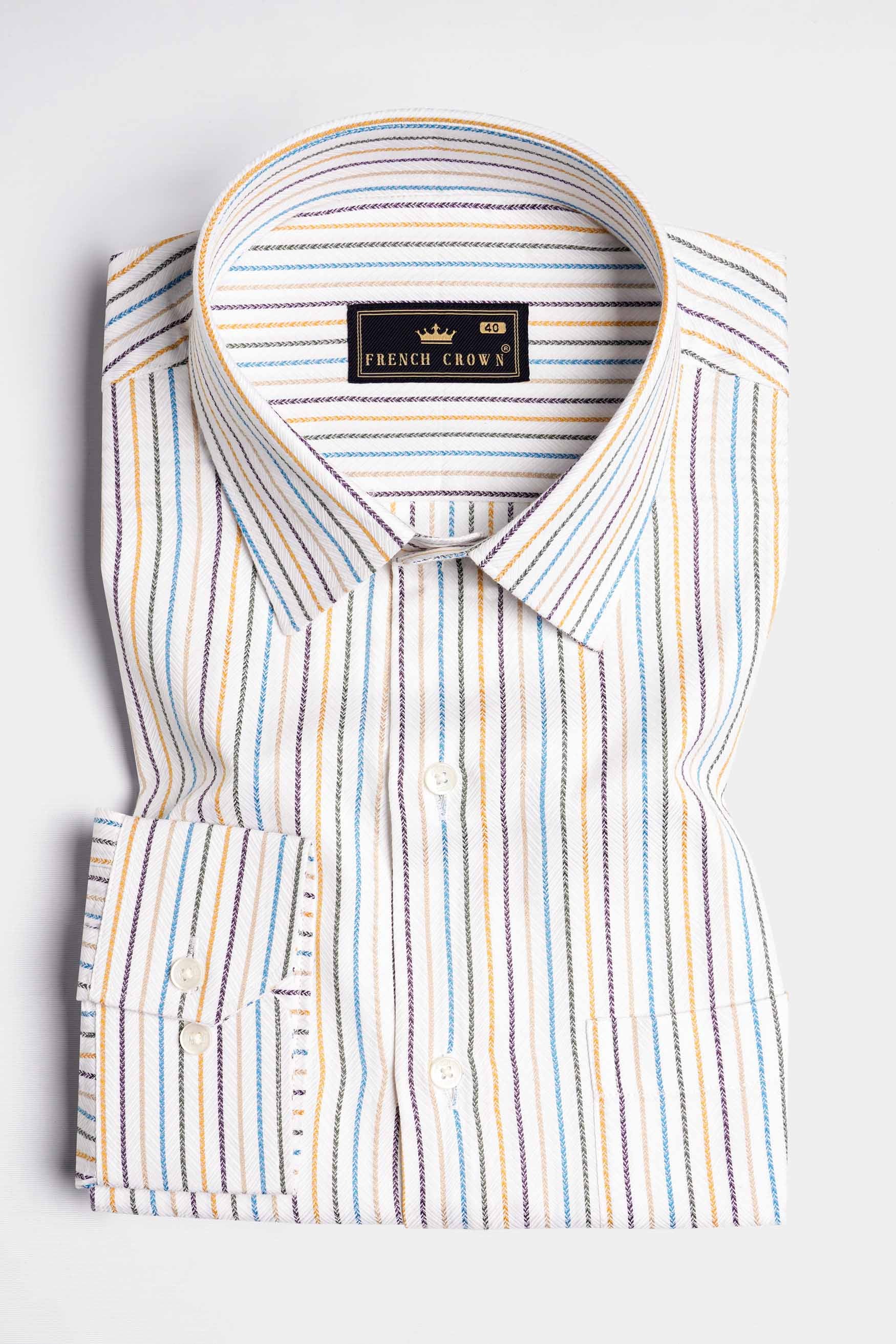 Bright White with Salmon Brown Multicolour Striped Dobby Textured Premium Giza Cotton Shirt