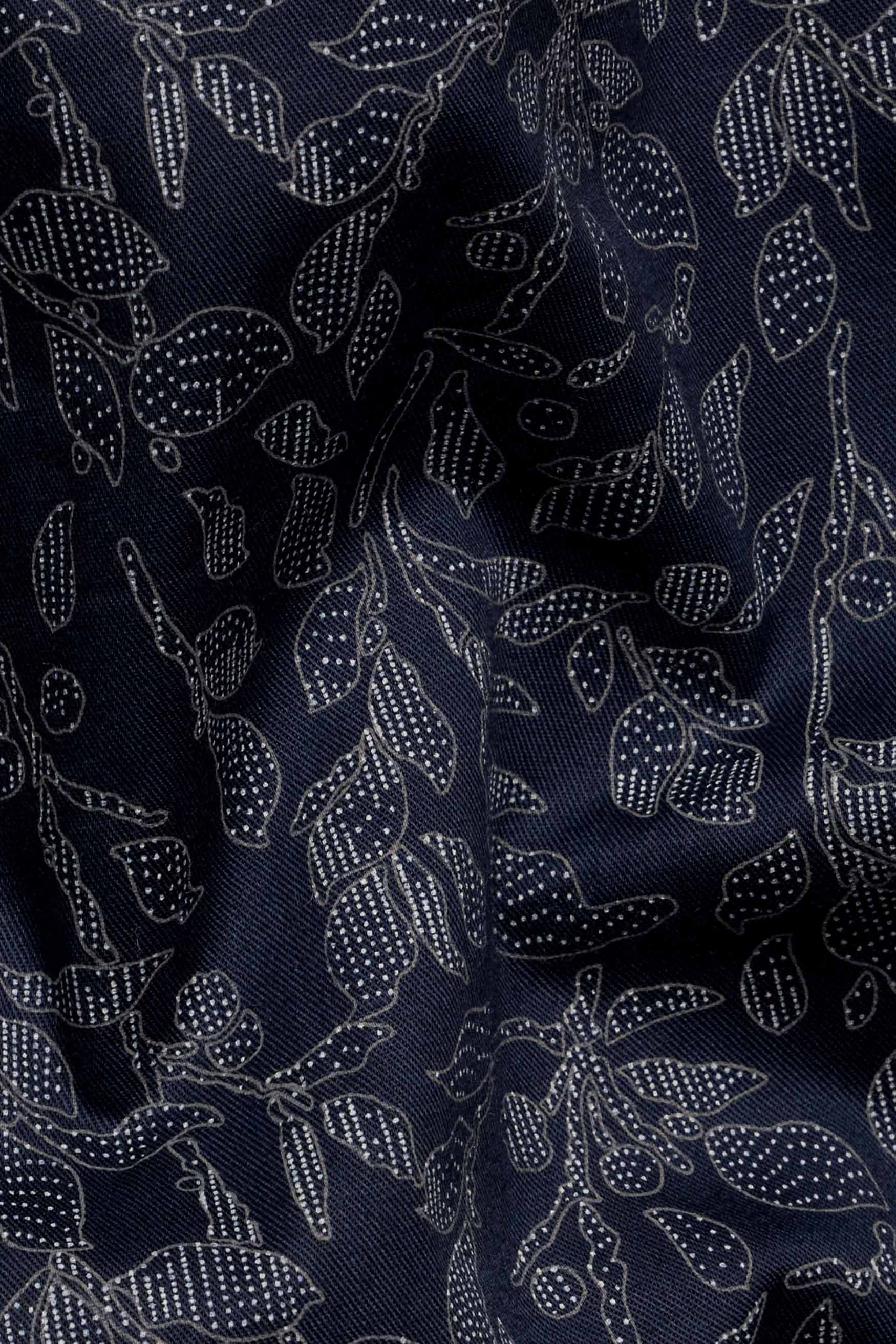 Onyx Blue with Cloudy Brown and White Leaves Printed Twill Premium Cotton Shirt