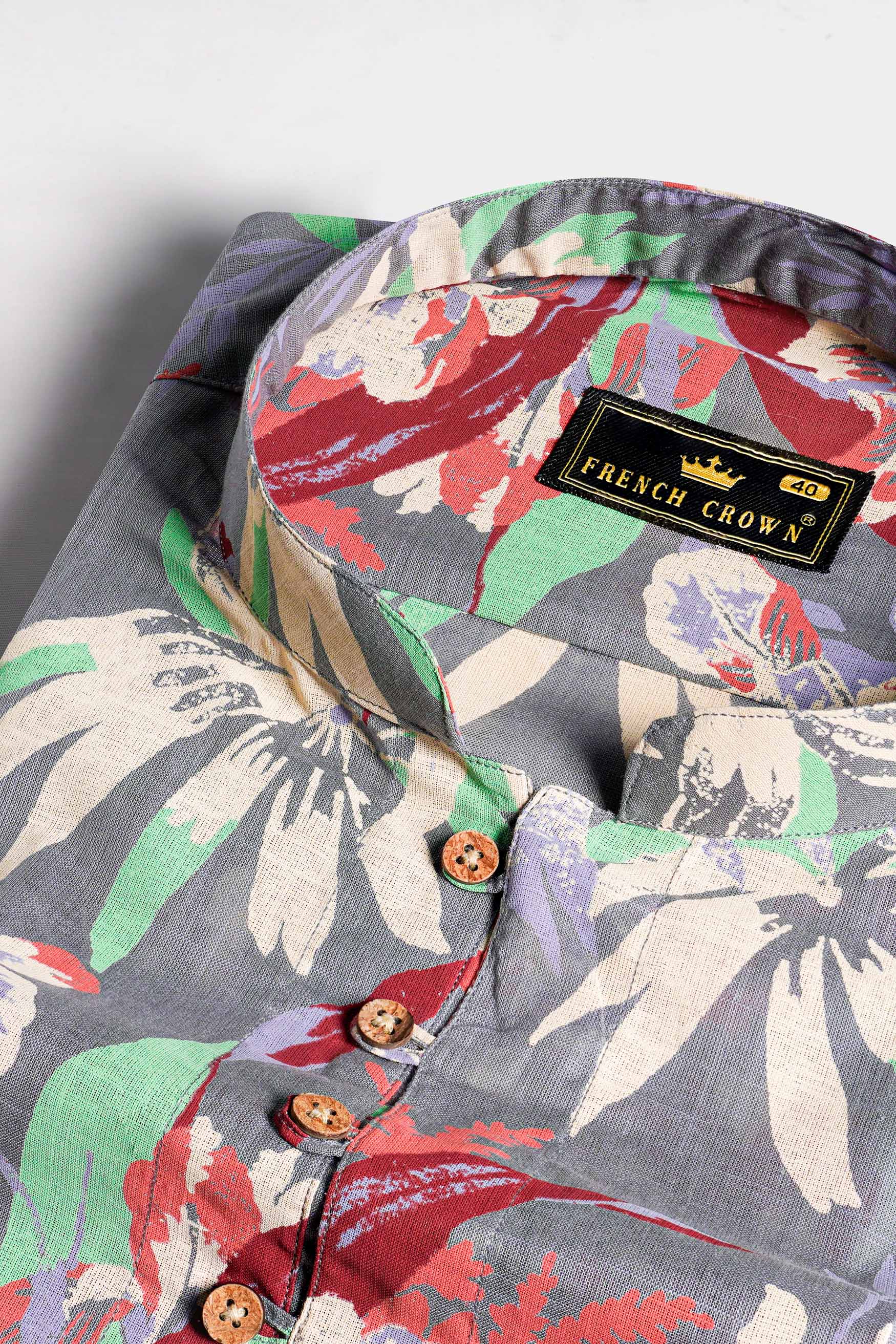 Nevada Gray with Espresso Red and Algae Green Leaves Printed Luxurious Linen Kurta Shirt