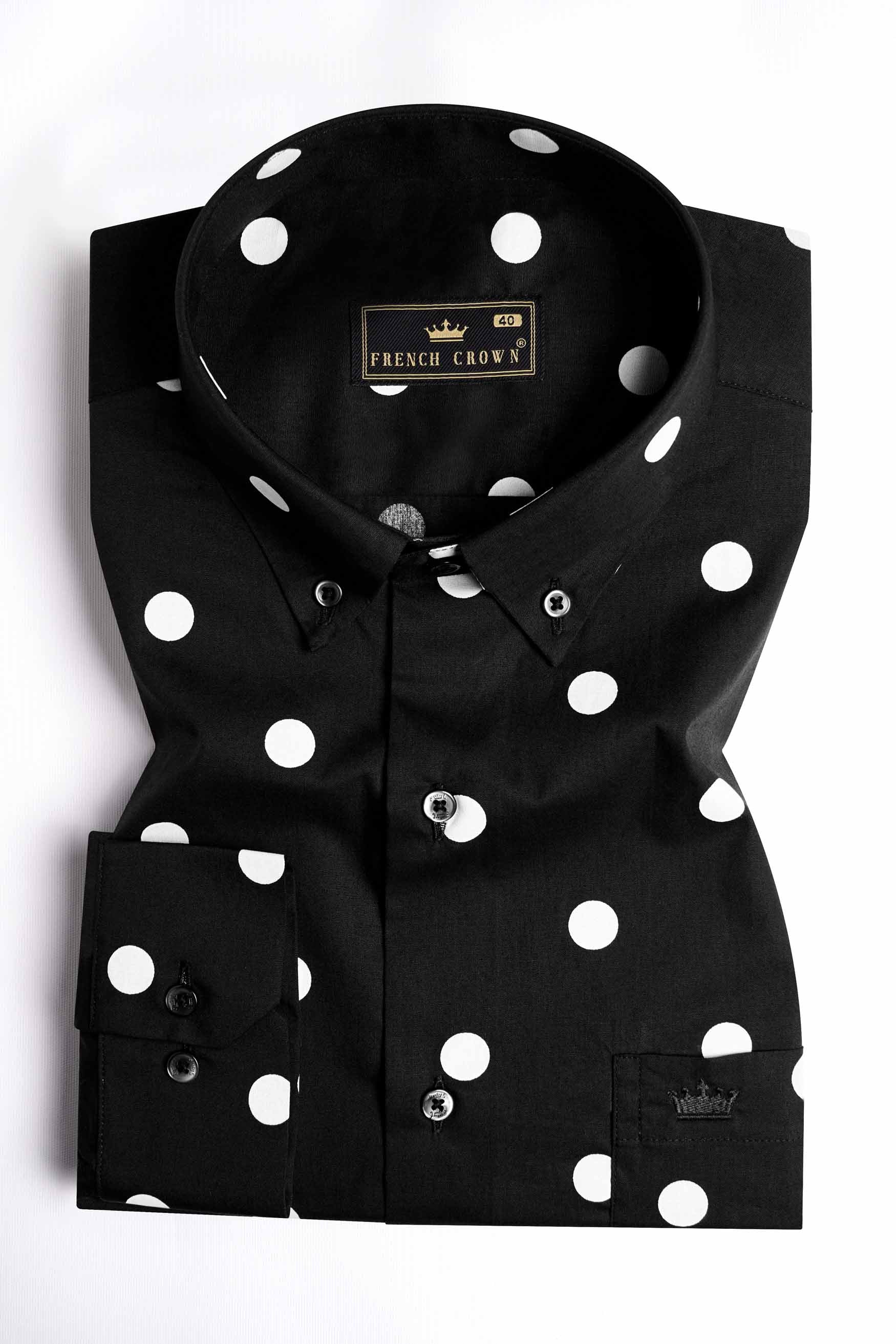 Jade Black and White Polka Dots Printed Premium Cotton Shirt