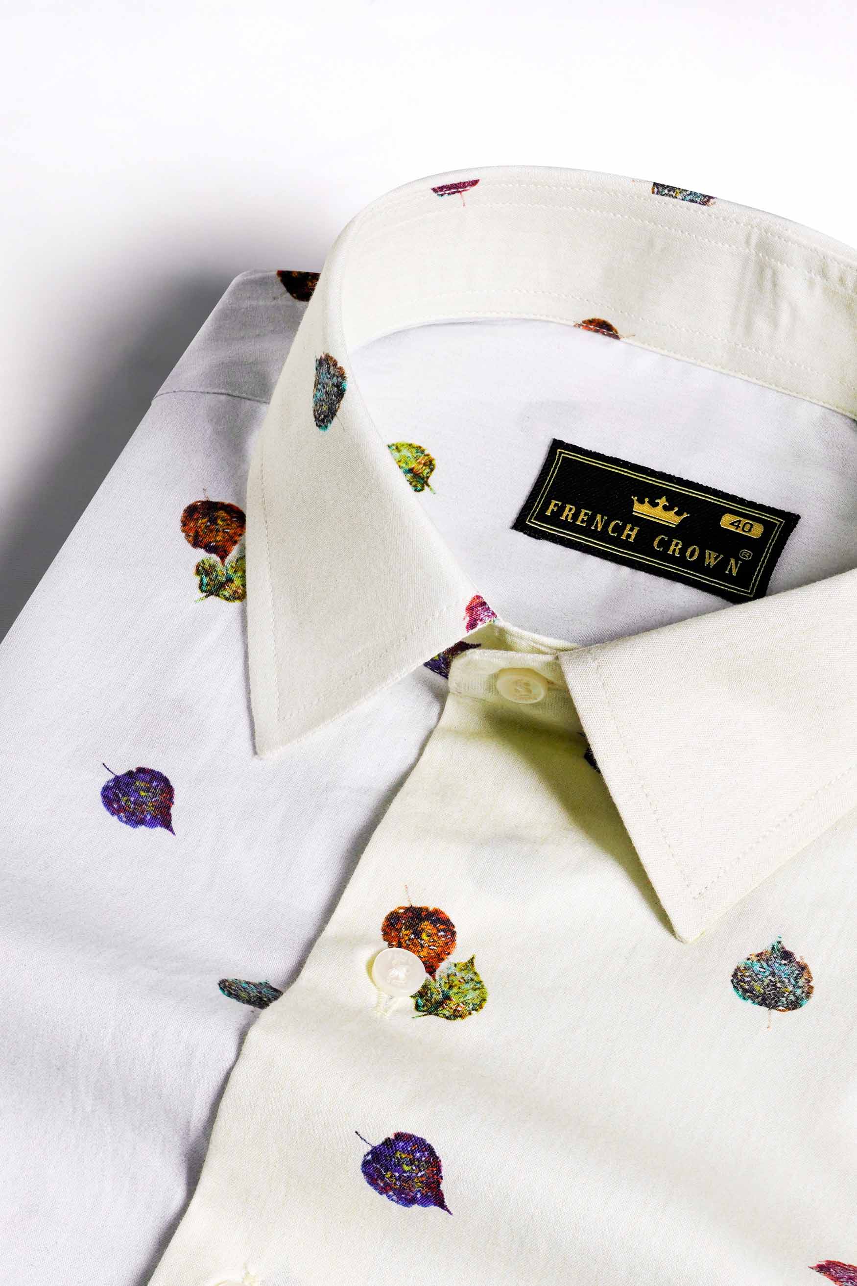 Half Bright White with Half Hampton Beige Leaves Printed Super Soft Premium Cotton Designer Shirt