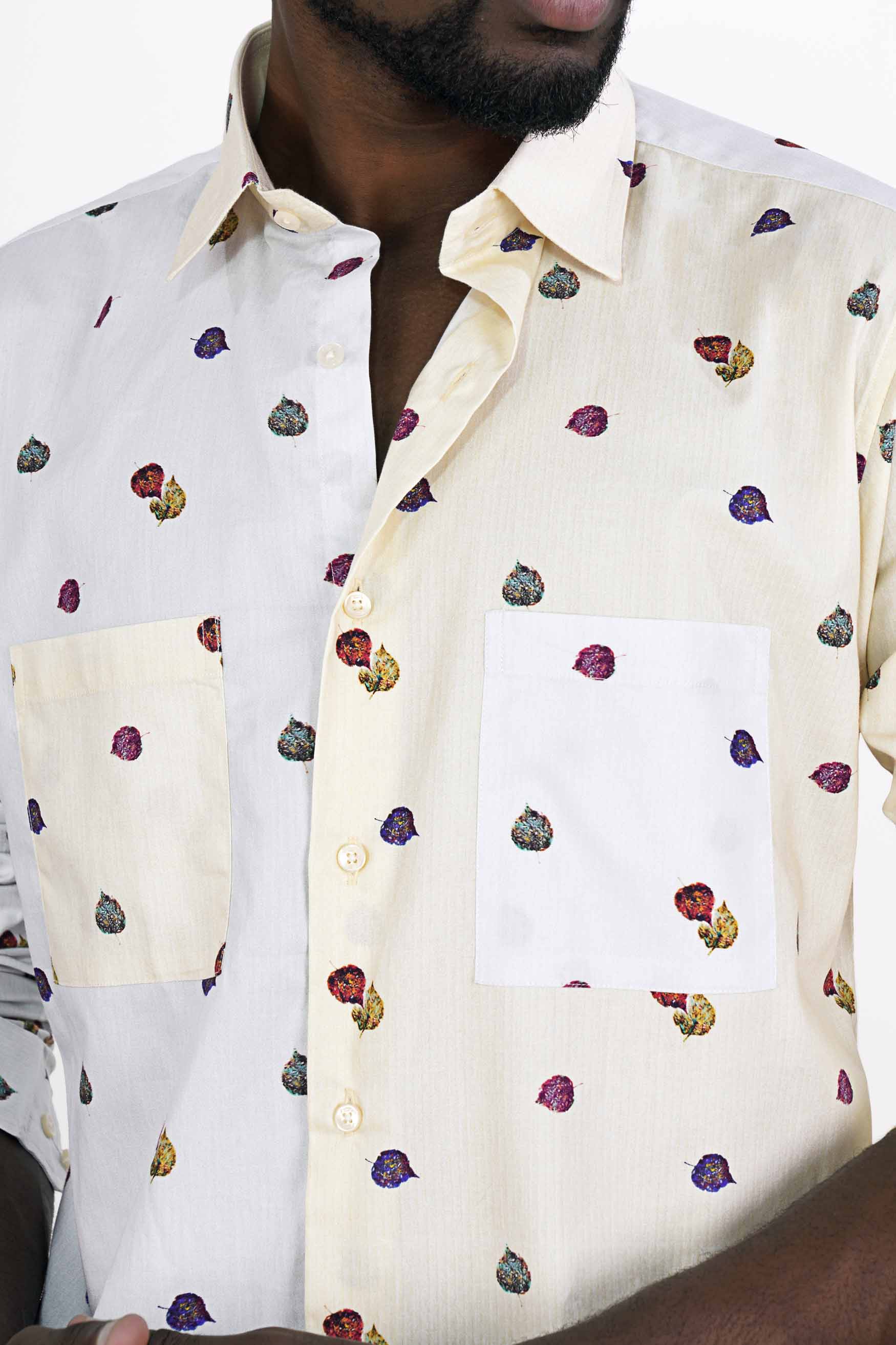 Half Bright White with Half Hampton Beige Leaves Printed Super Soft Premium Cotton Designer Shirt