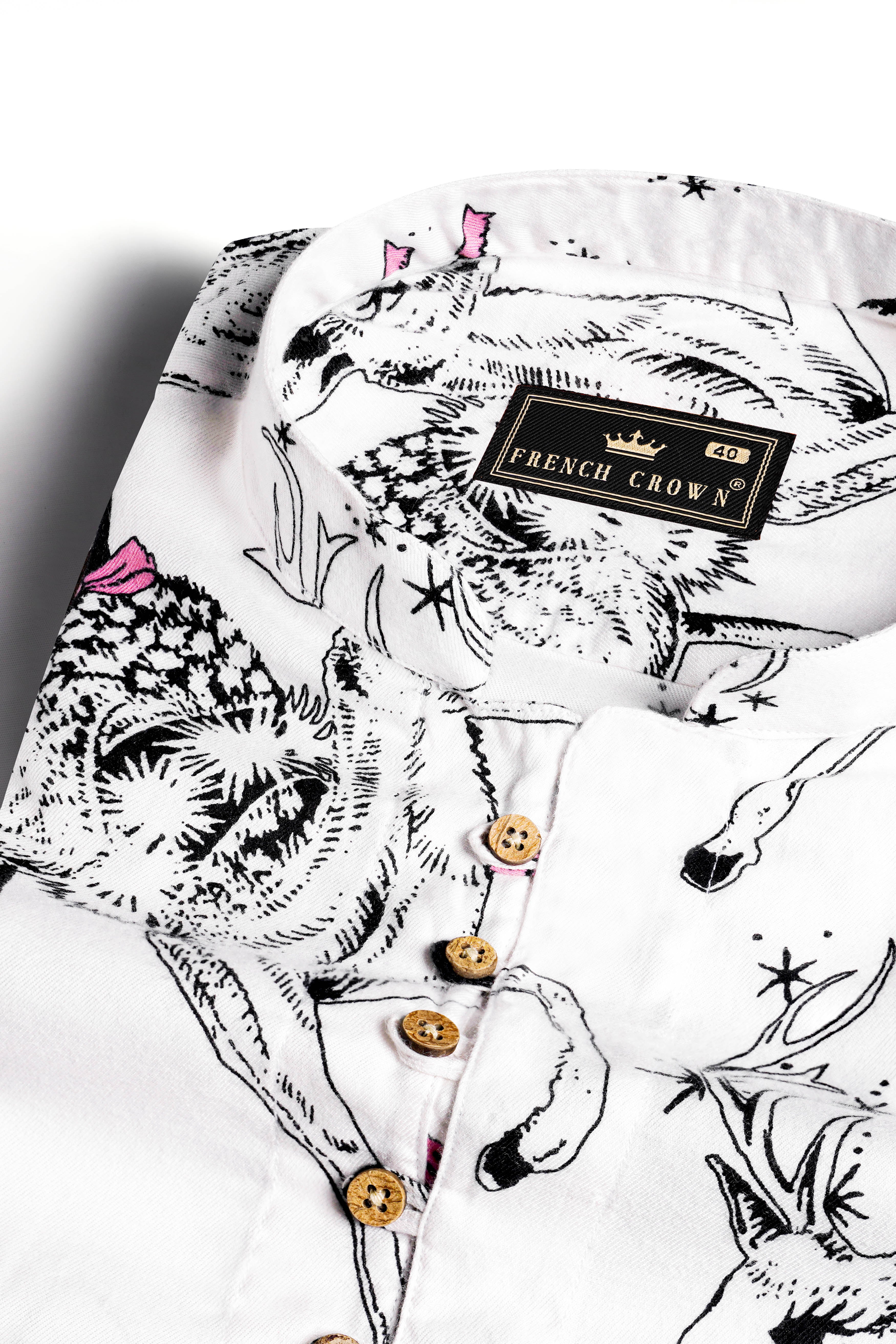 Bright White with Running Deer Printed Cotton Silk with Twill Blended Kurta Shirt