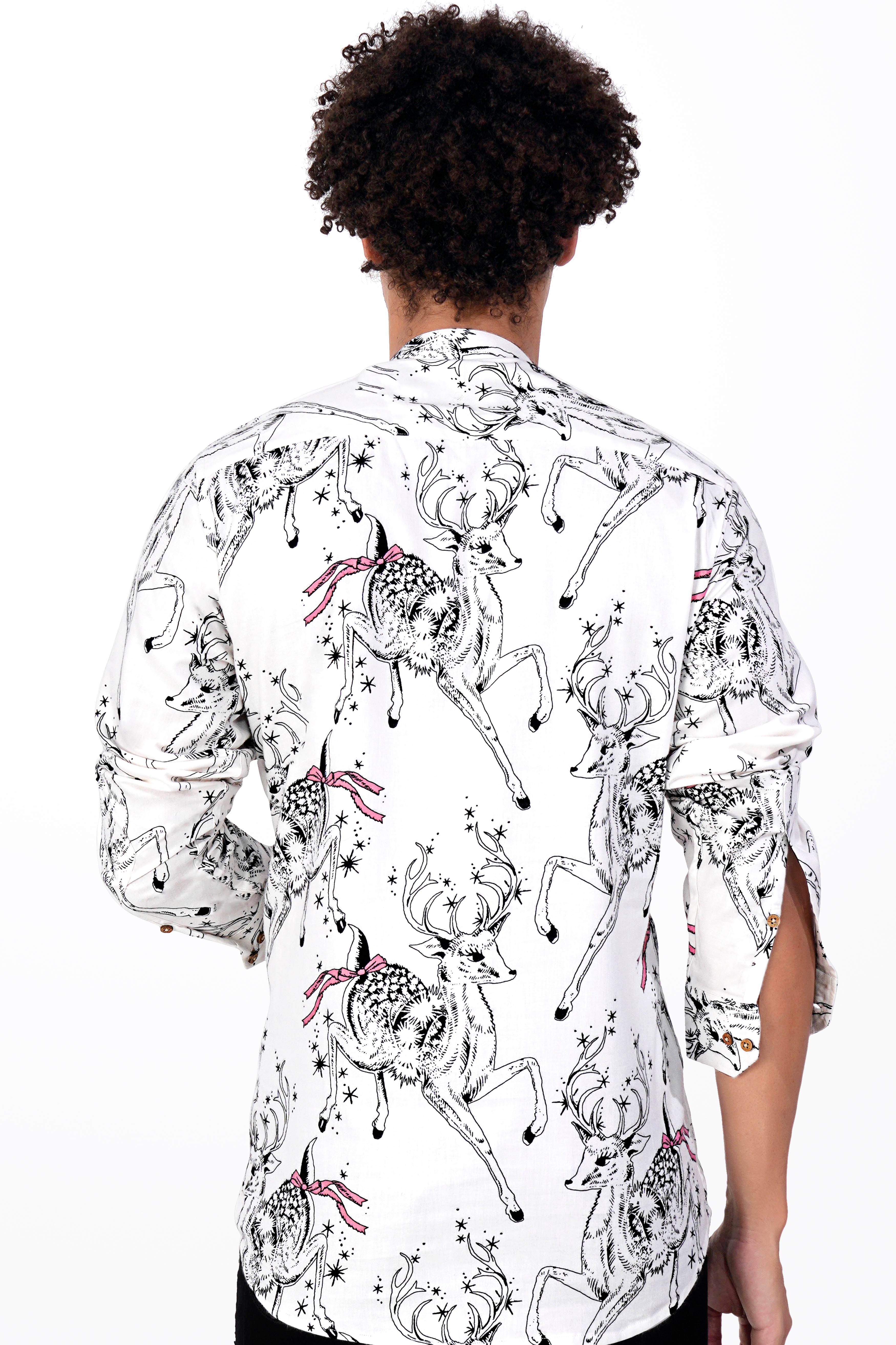 Bright White with Running Deer Printed Cotton Silk with Twill Blended Kurta Shirt