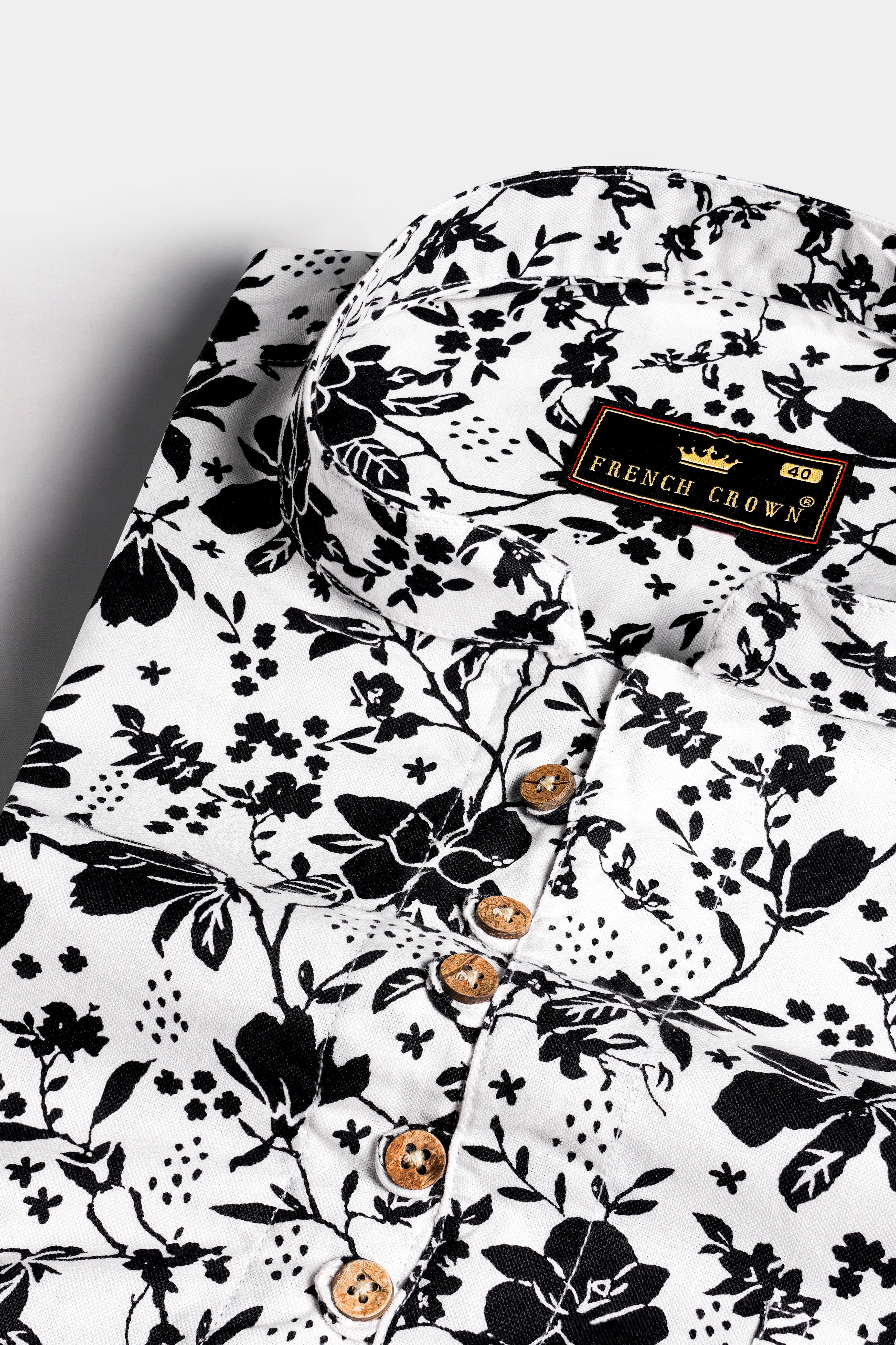 Bright White and Black Ditsy Printed Royal Oxford Kurta Shirt