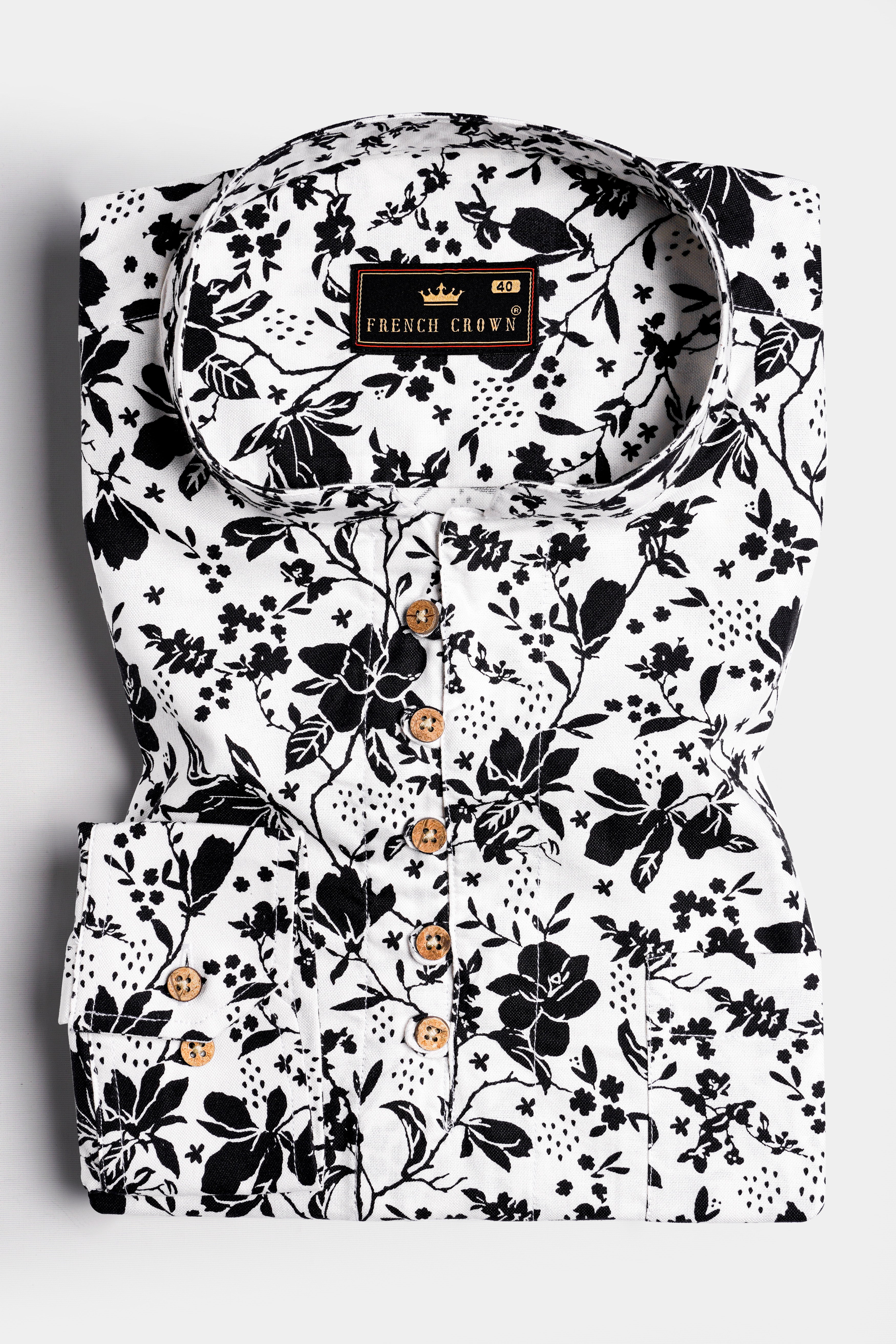 Bright White and Black Ditsy Printed Royal Oxford Kurta Shirt