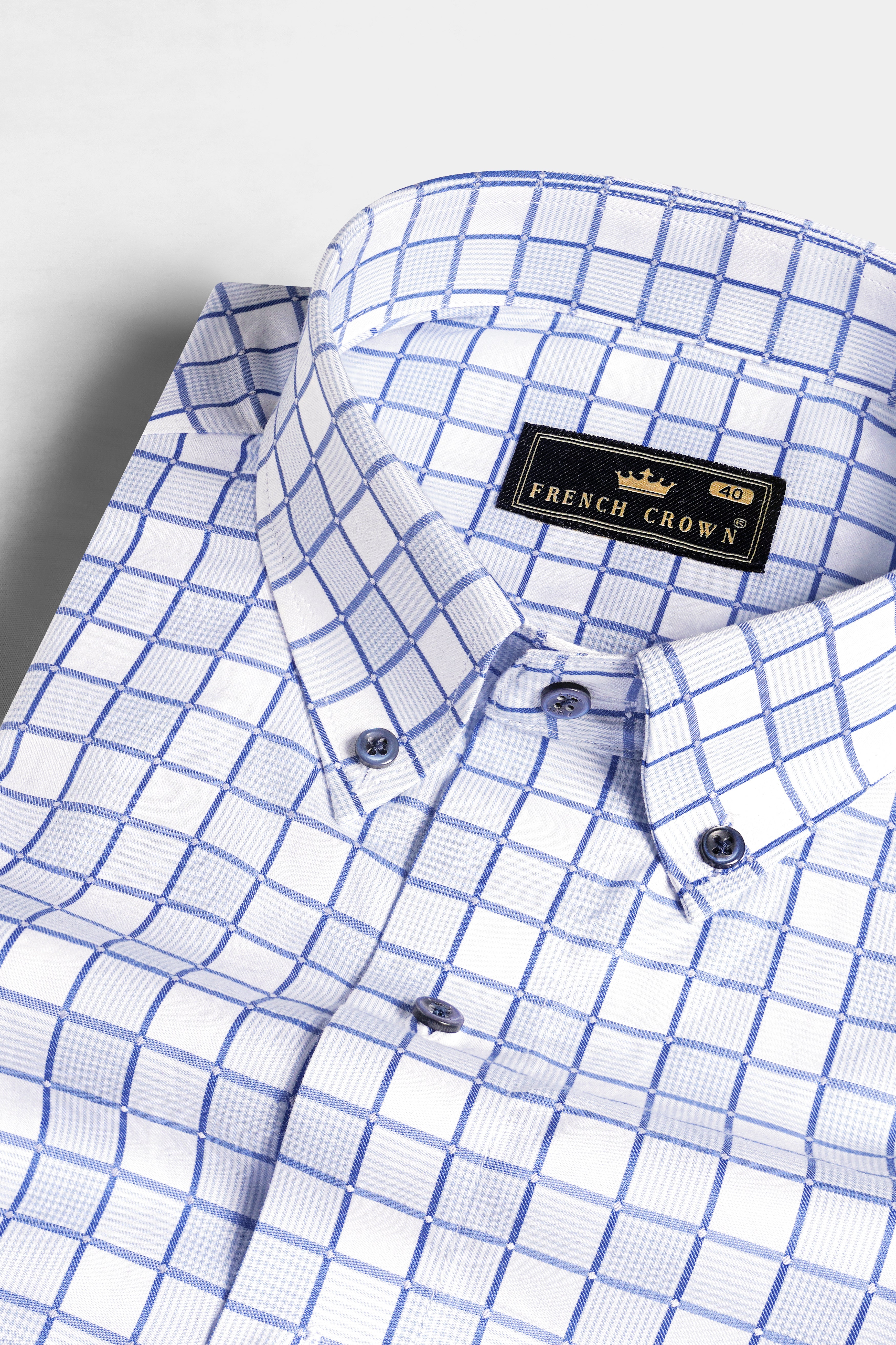 Bright White with Casper Blue and Black Checkered Dobby Textured Premium Giza Cotton Shirt