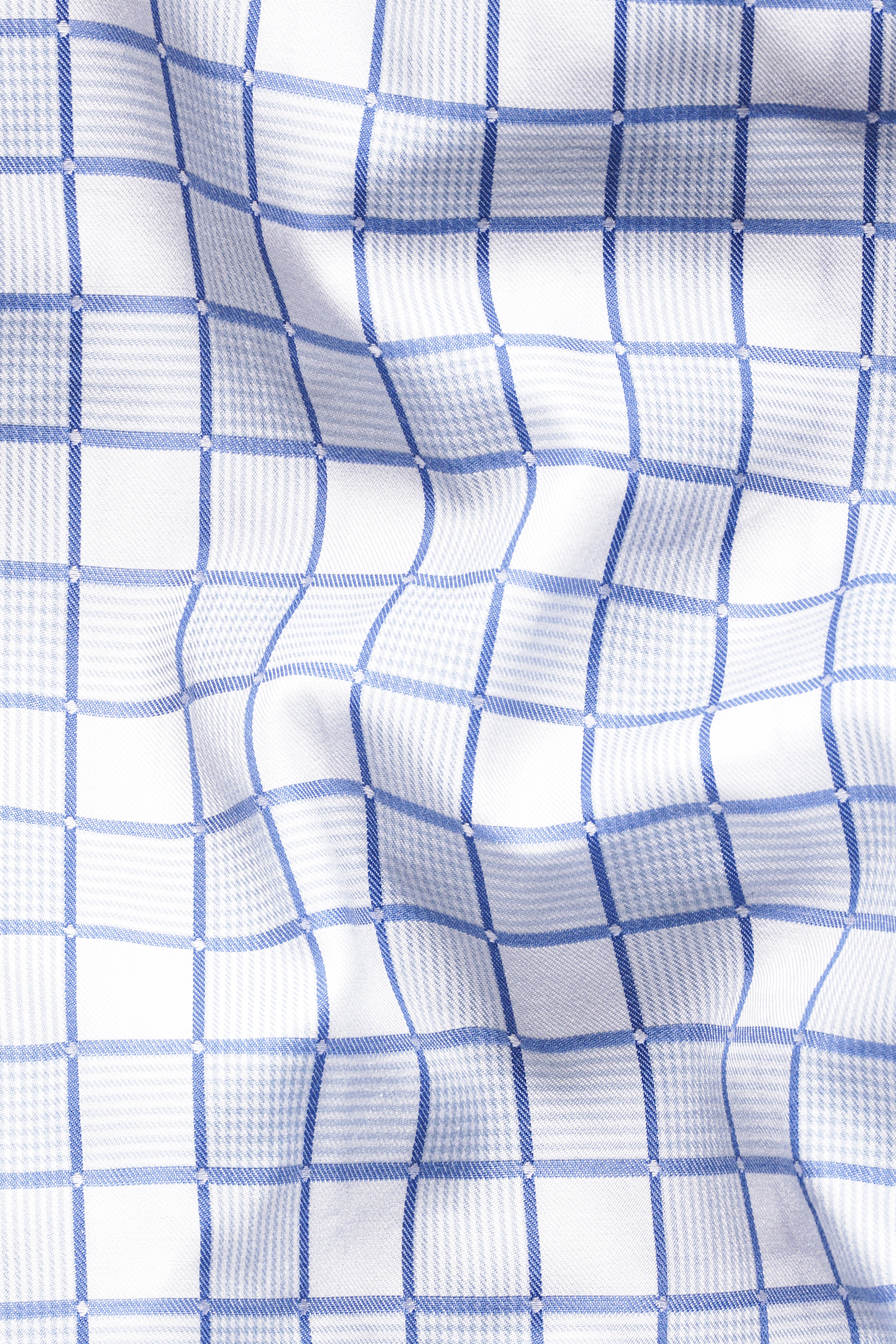 Bright White with Casper Blue and Black Checkered Dobby Textured Premium Giza Cotton Shirt