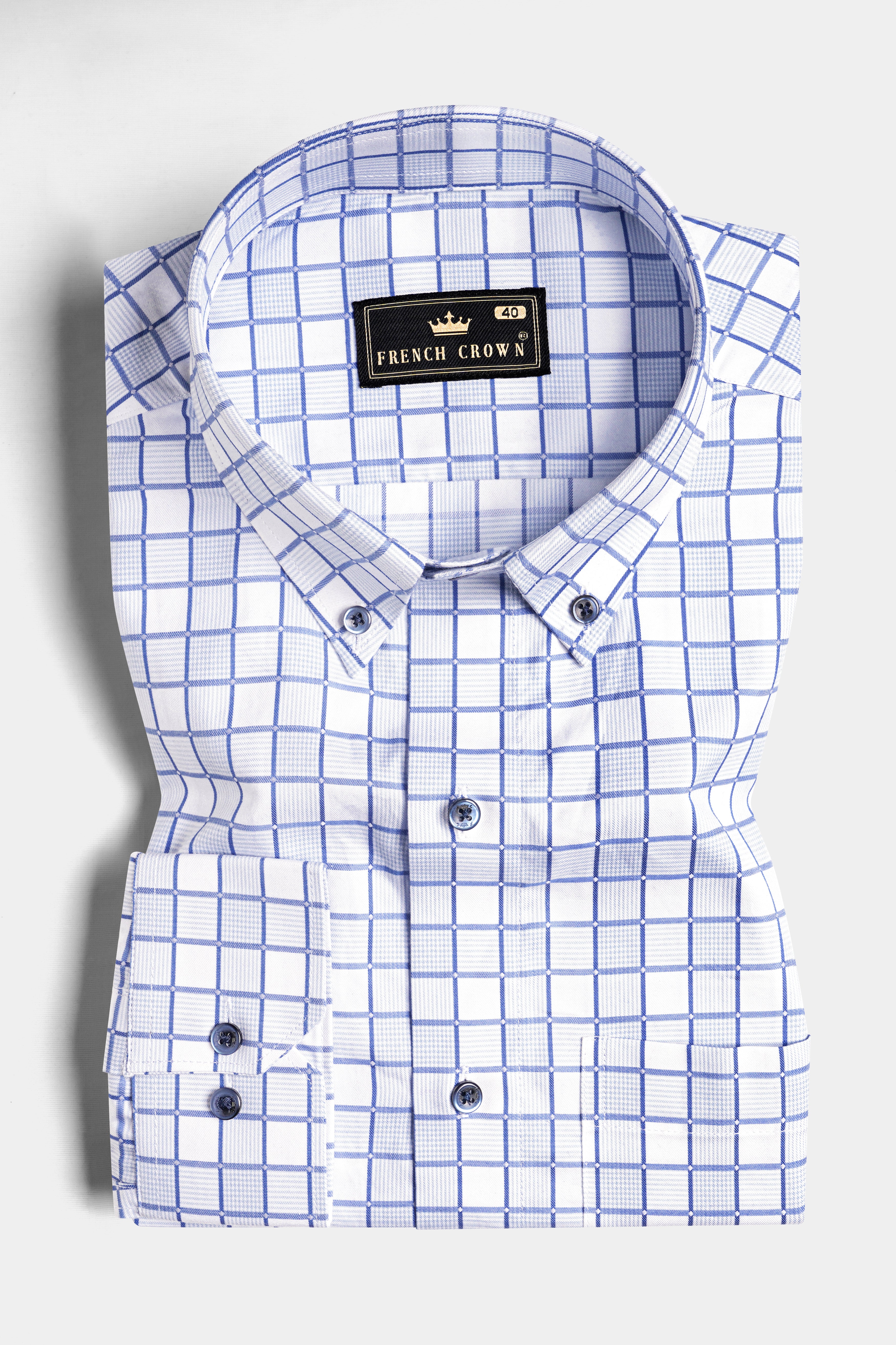 Bright White with Casper Blue and Black Checkered Dobby Textured Premium Giza Cotton Shirt