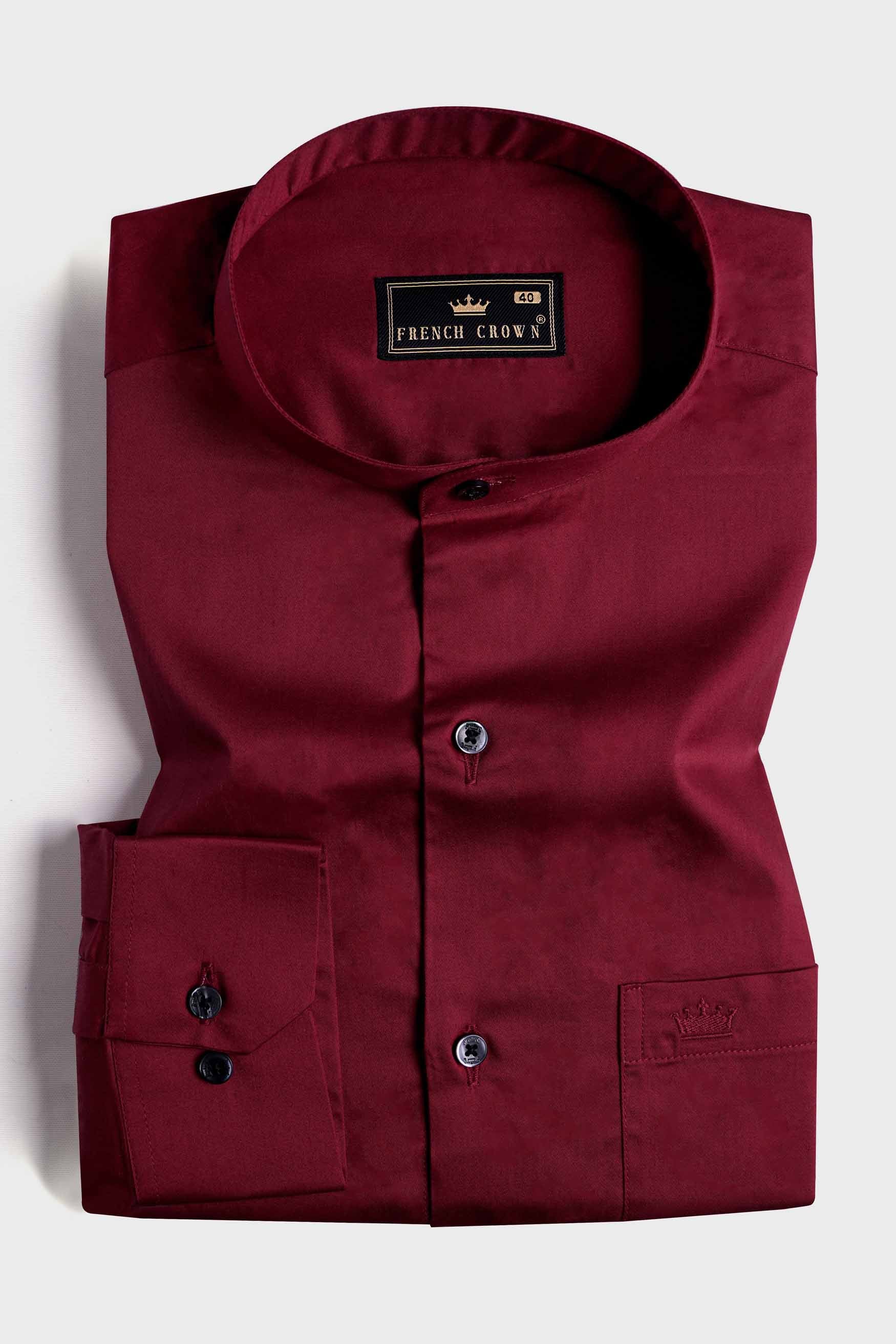 Bordeaux Red Subtle Sheen Super  Soft Premium Cotton Mandarin Shirt