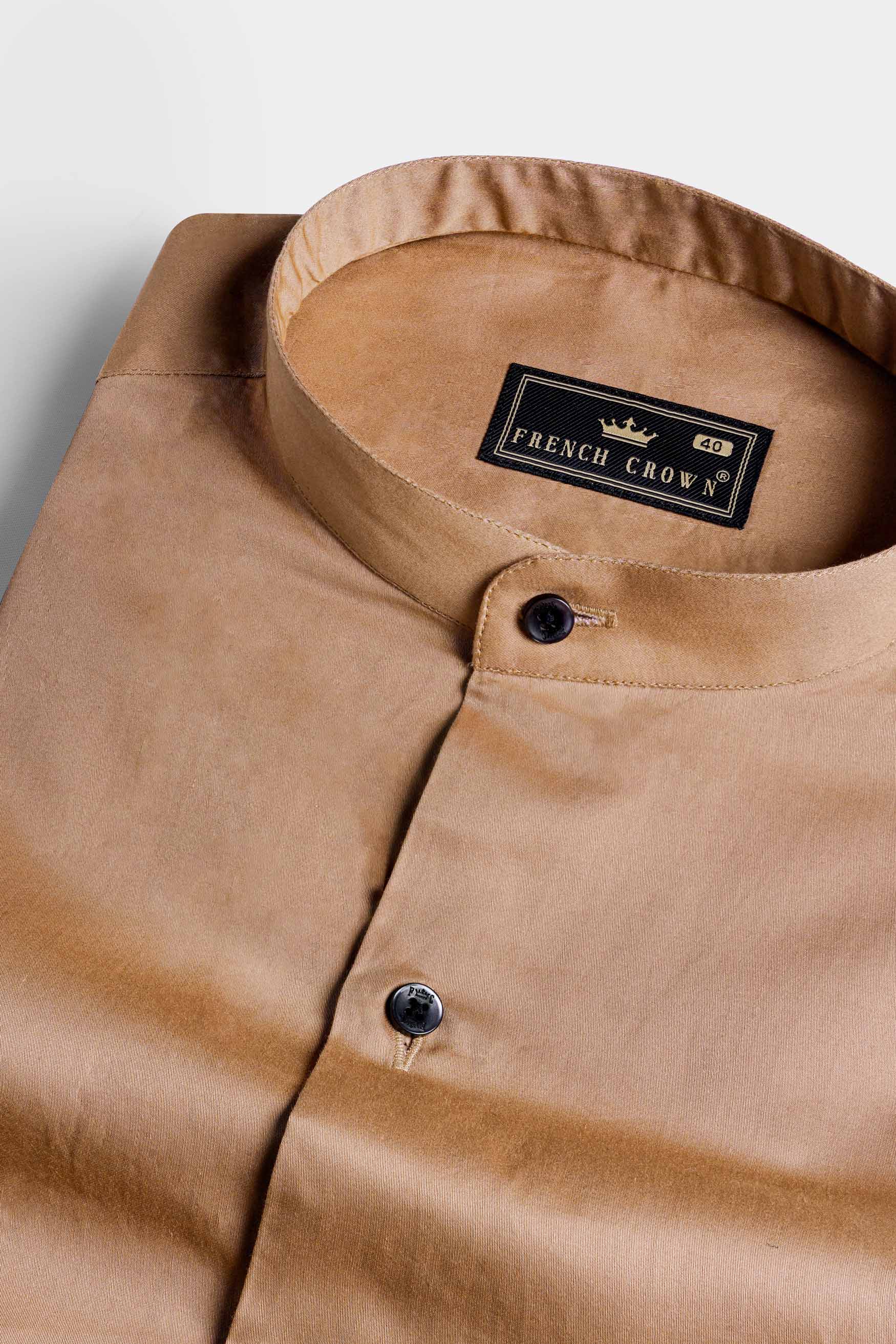 Mocha Brown Subtle Sheen Super  Soft Premium Cotton Mandarin Shirt