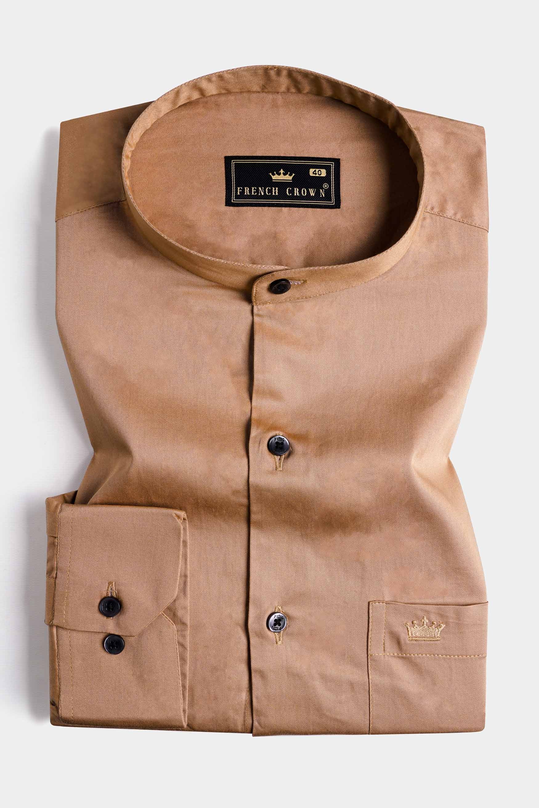 Mocha Brown Subtle Sheen Super  Soft Premium Cotton Mandarin Shirt