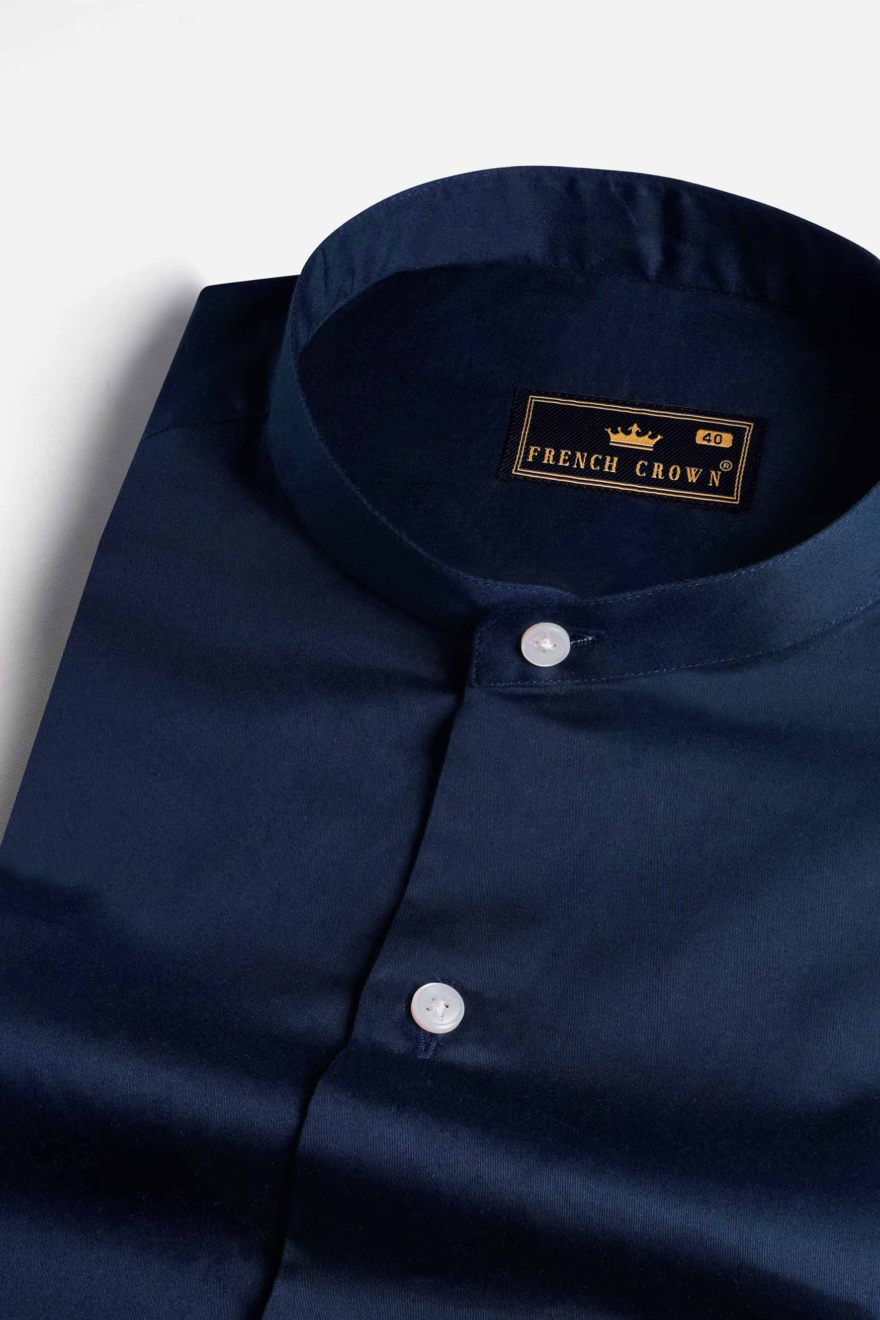 Tangaroa Blue Subtle Sheen Super  Soft Premium Cotton Mandarin Shirt