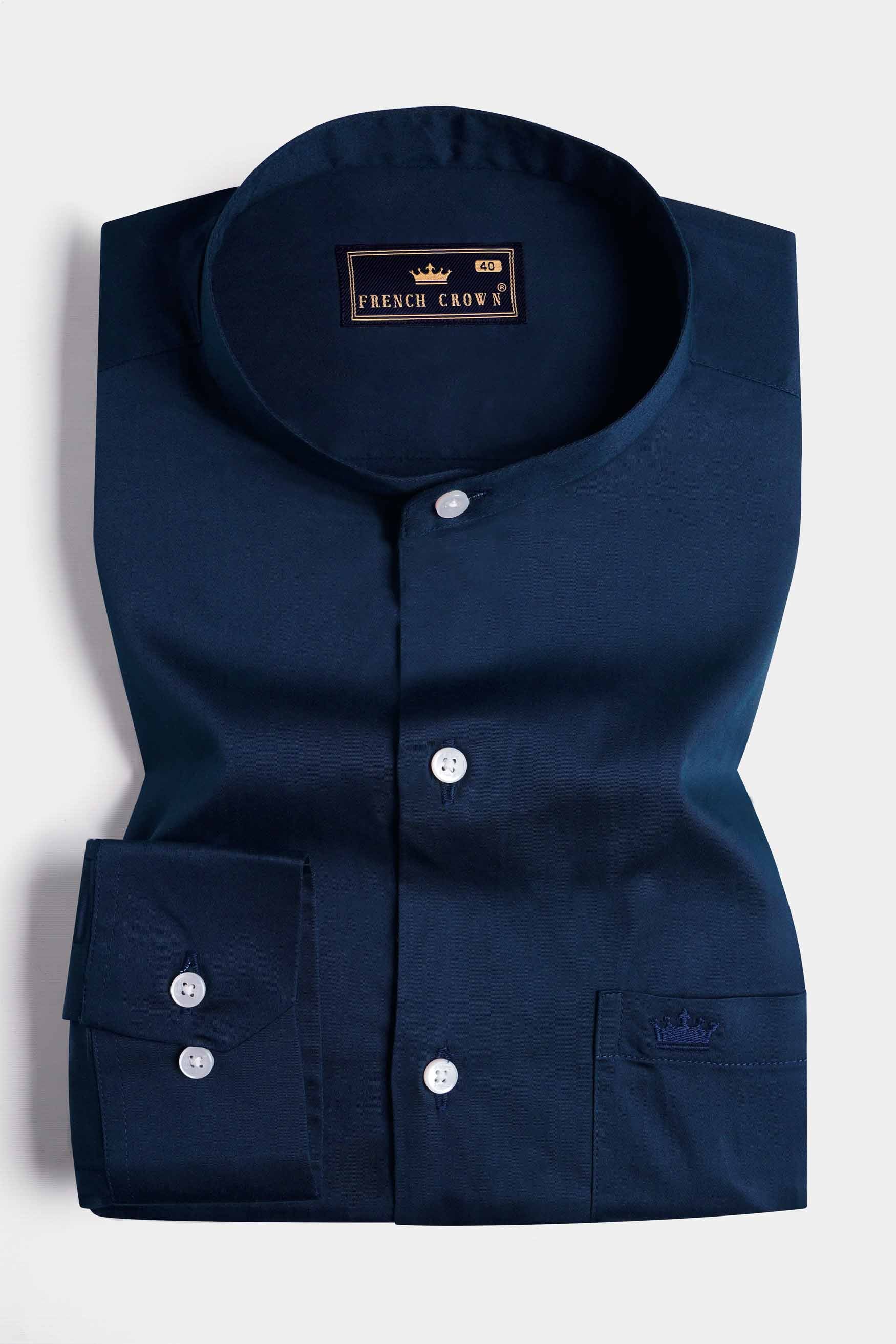 Tangaroa Blue Subtle Sheen Super  Soft Premium Cotton Mandarin Shirt