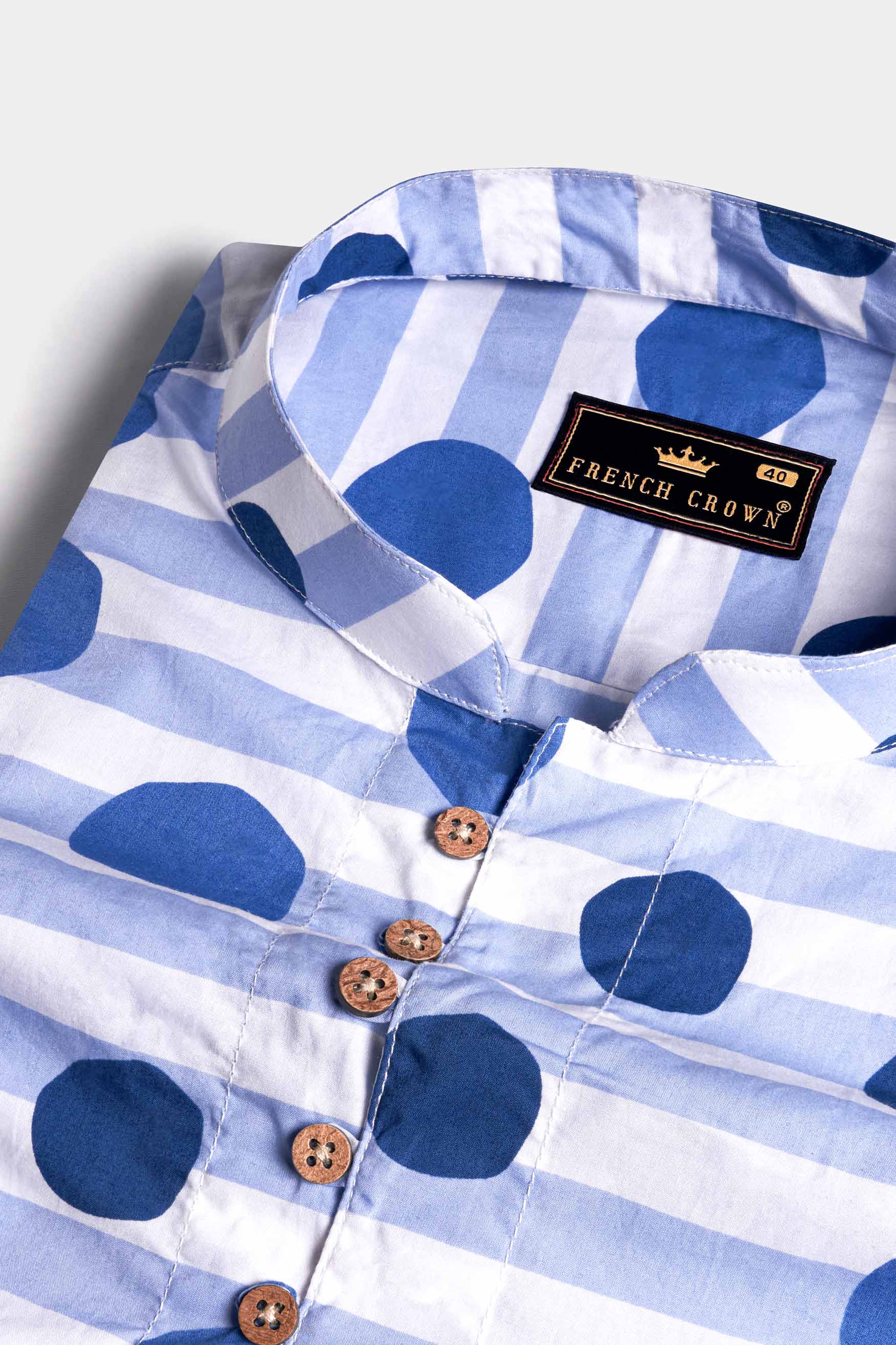 Bright White with Cerulean Blue Striped and Polka Dotted Premium Cotton Kurta Shirt