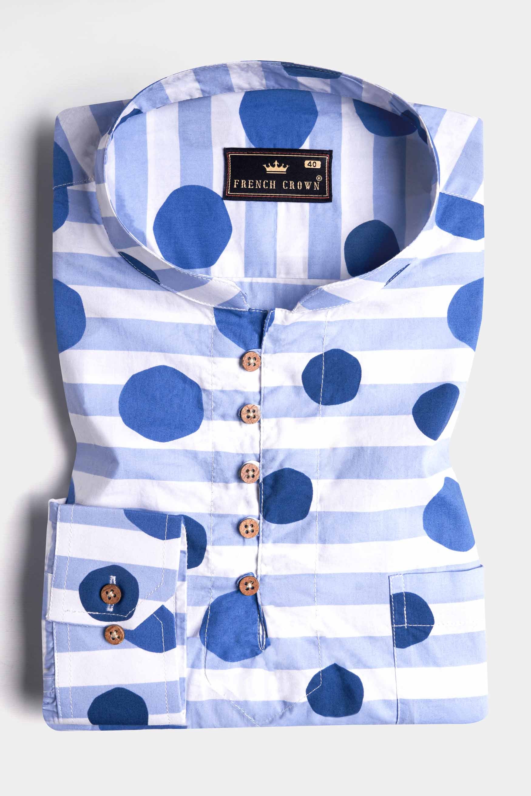 Bright White with Cerulean Blue Striped and Polka Dotted Premium Cotton Kurta Shirt