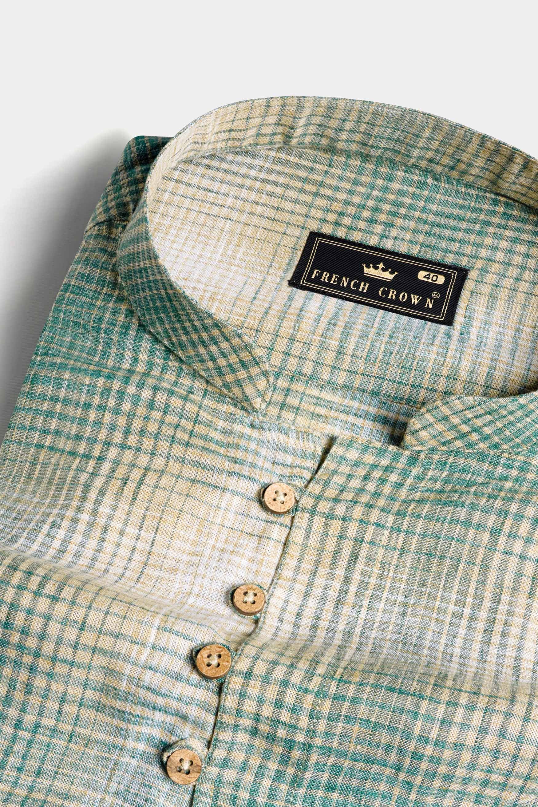 Viridian Green with White and Tahuna Brown Luxurious Linen Kurta Shirt