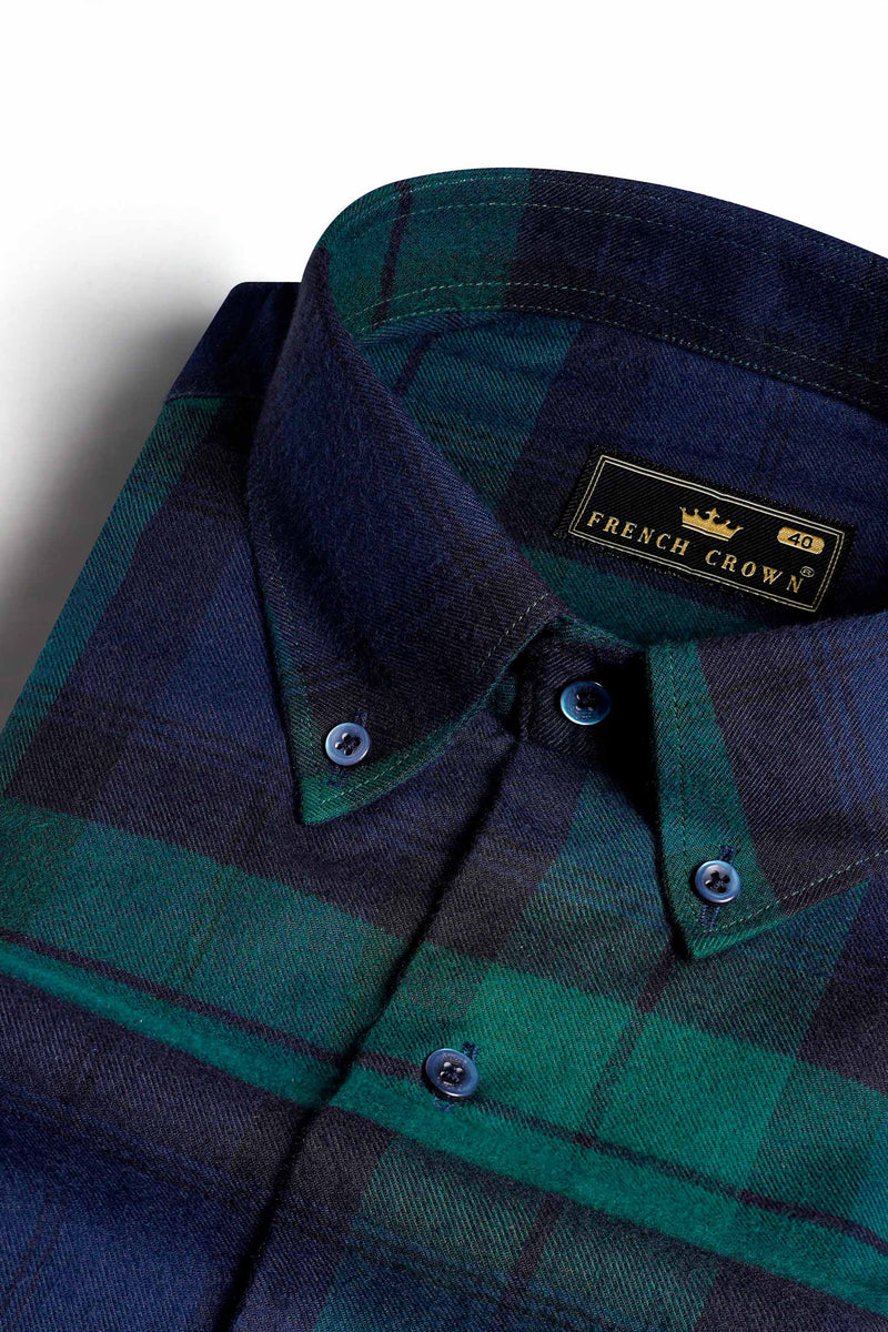 Teal Green with Cloud Burst Blue Plaid Button Down Flannel Shirt