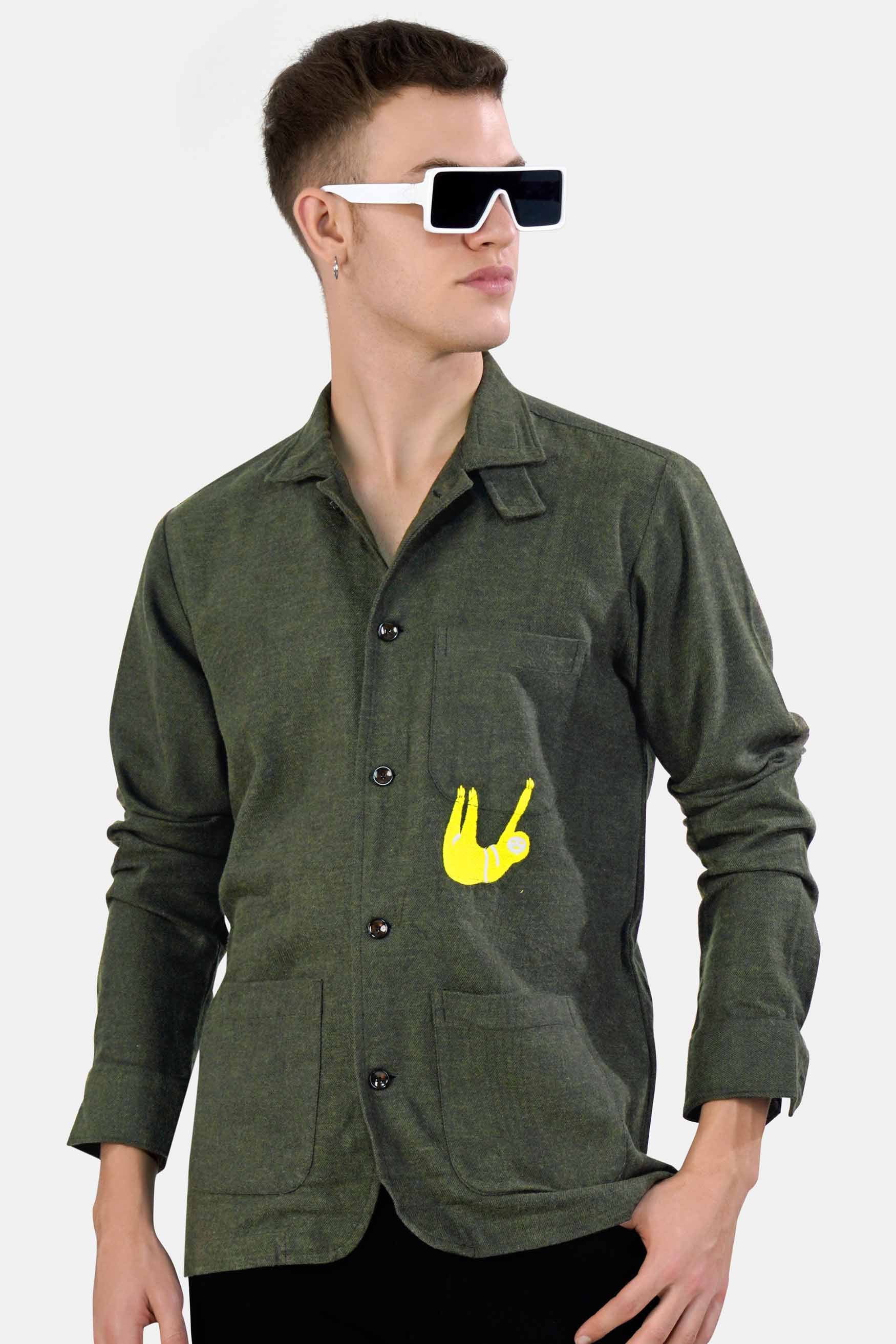 Kombu Green Embroidered Flannel Designer Overshirt