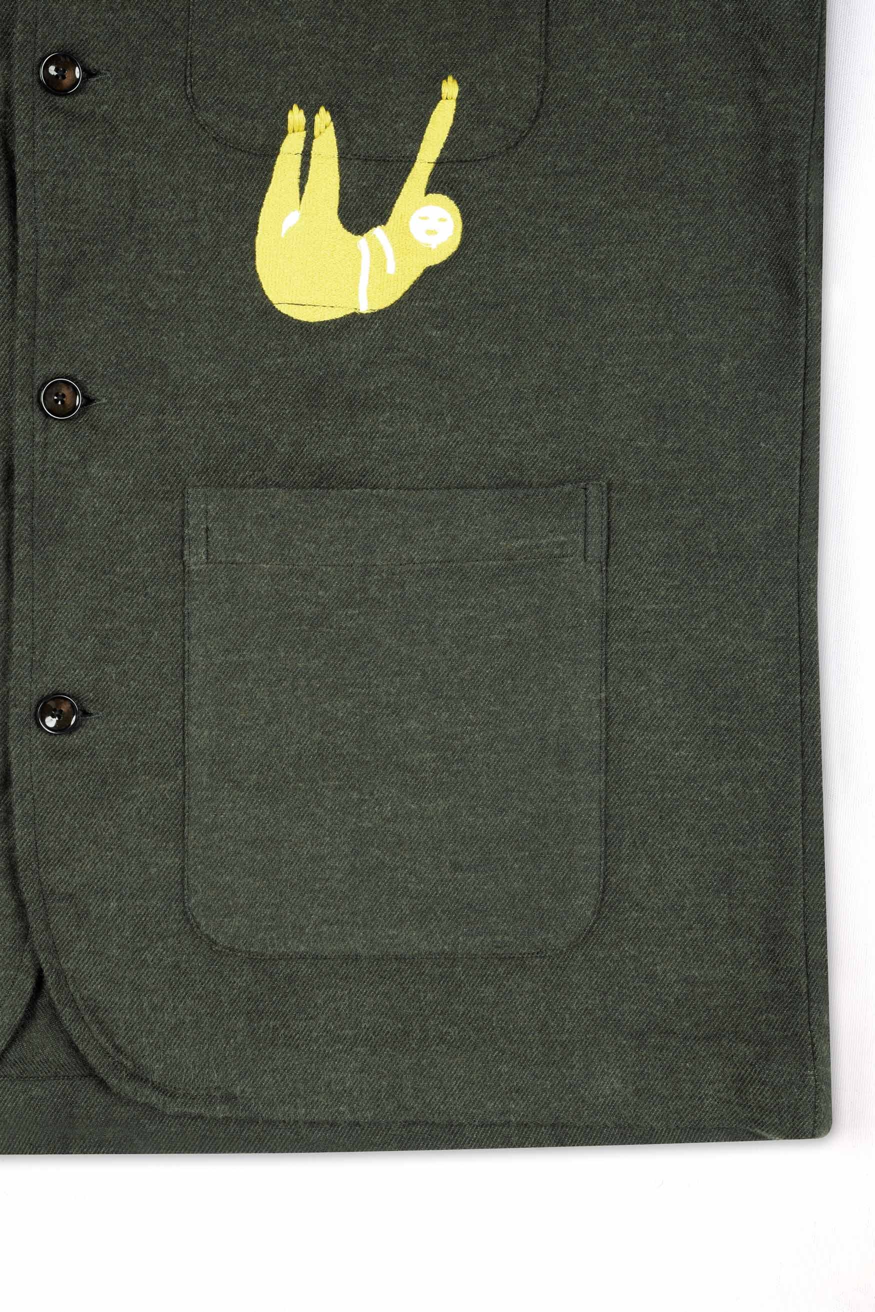 Kombu Green Embroidered Flannel Designer Overshirt