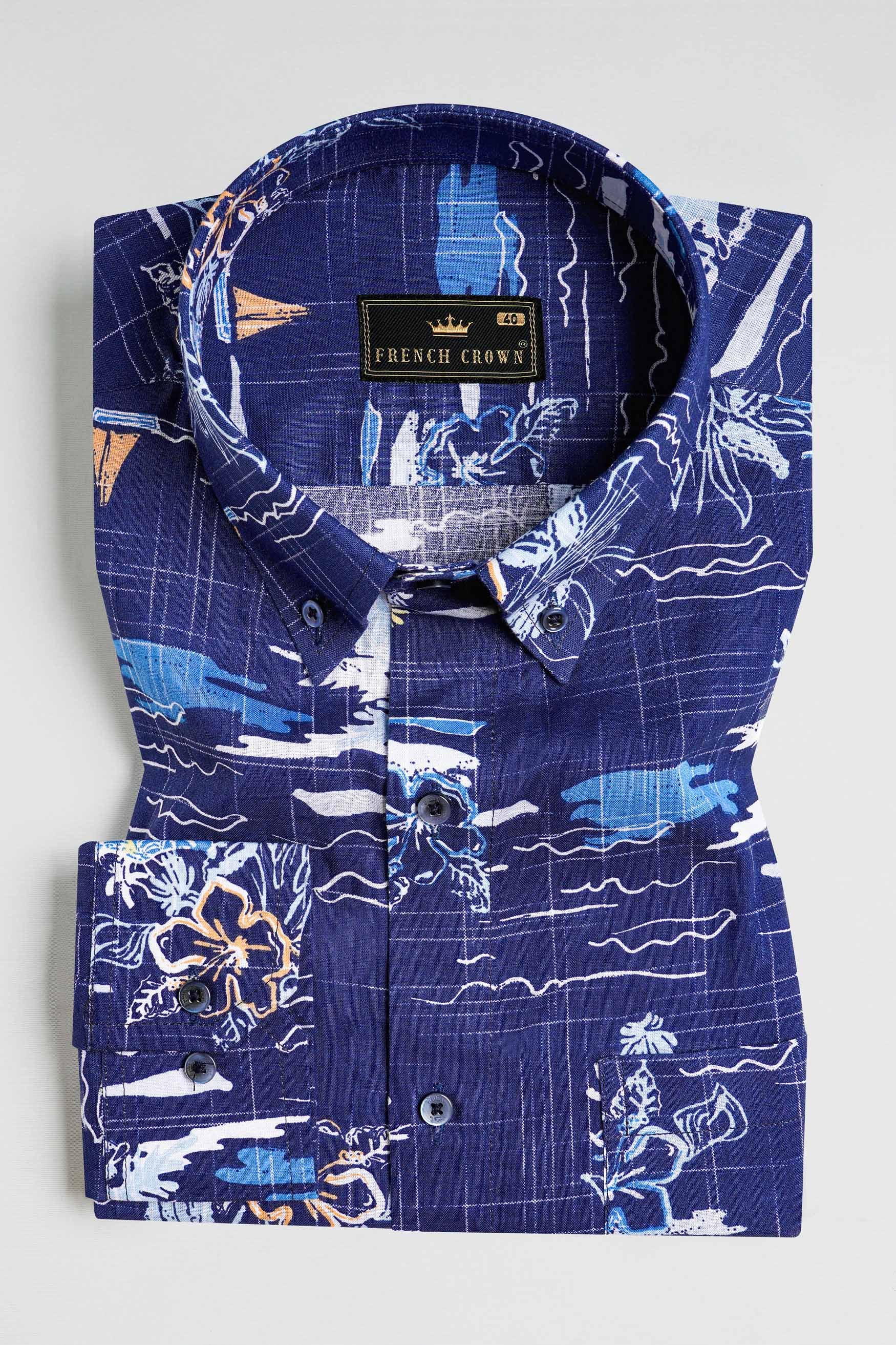 Lapis Blue and White Multicolour Printed Chambray Shirt